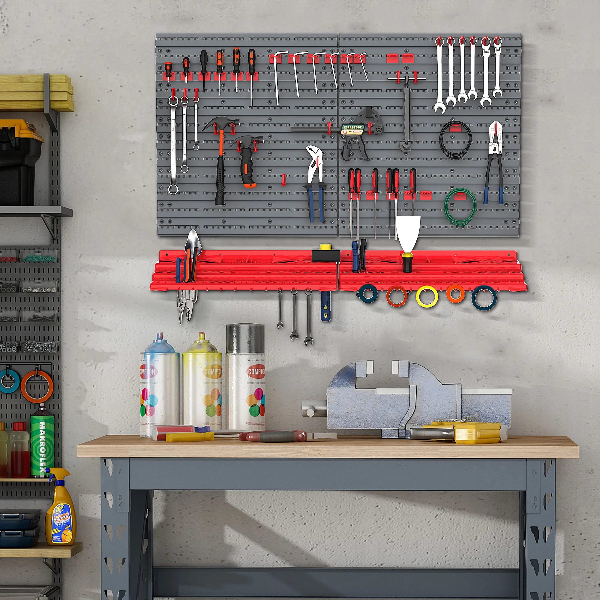 54 Piece Plastic Pegboard Panels, Wall Mounted Garage Storage, 50 Hooks, Red - Image 7