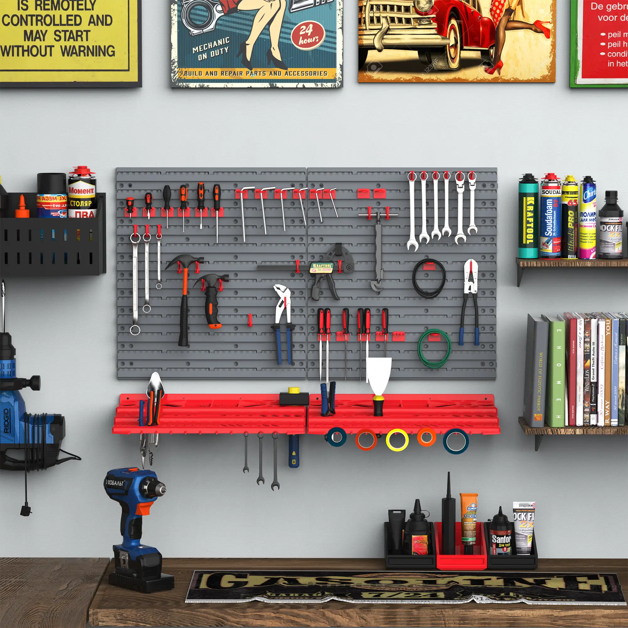 54 Piece Plastic Pegboard Panels, Wall Mounted Garage Storage, 50 Hooks, Red - Image 8