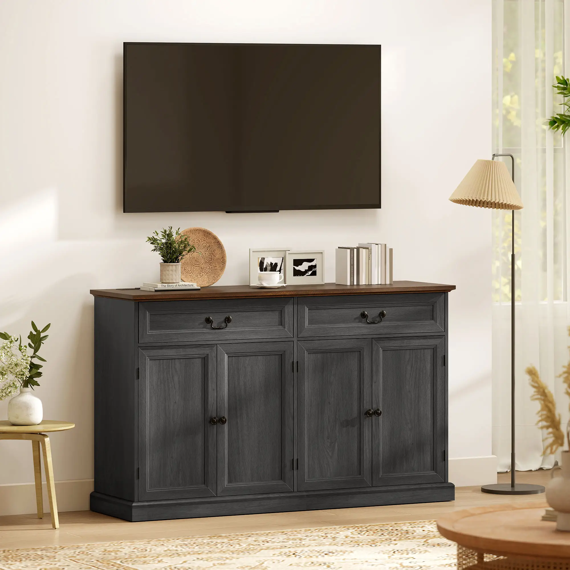 55" Buffet Cabinet, Black Wood Grain, Charging Station, 2 Drawers, Black - Image 10
