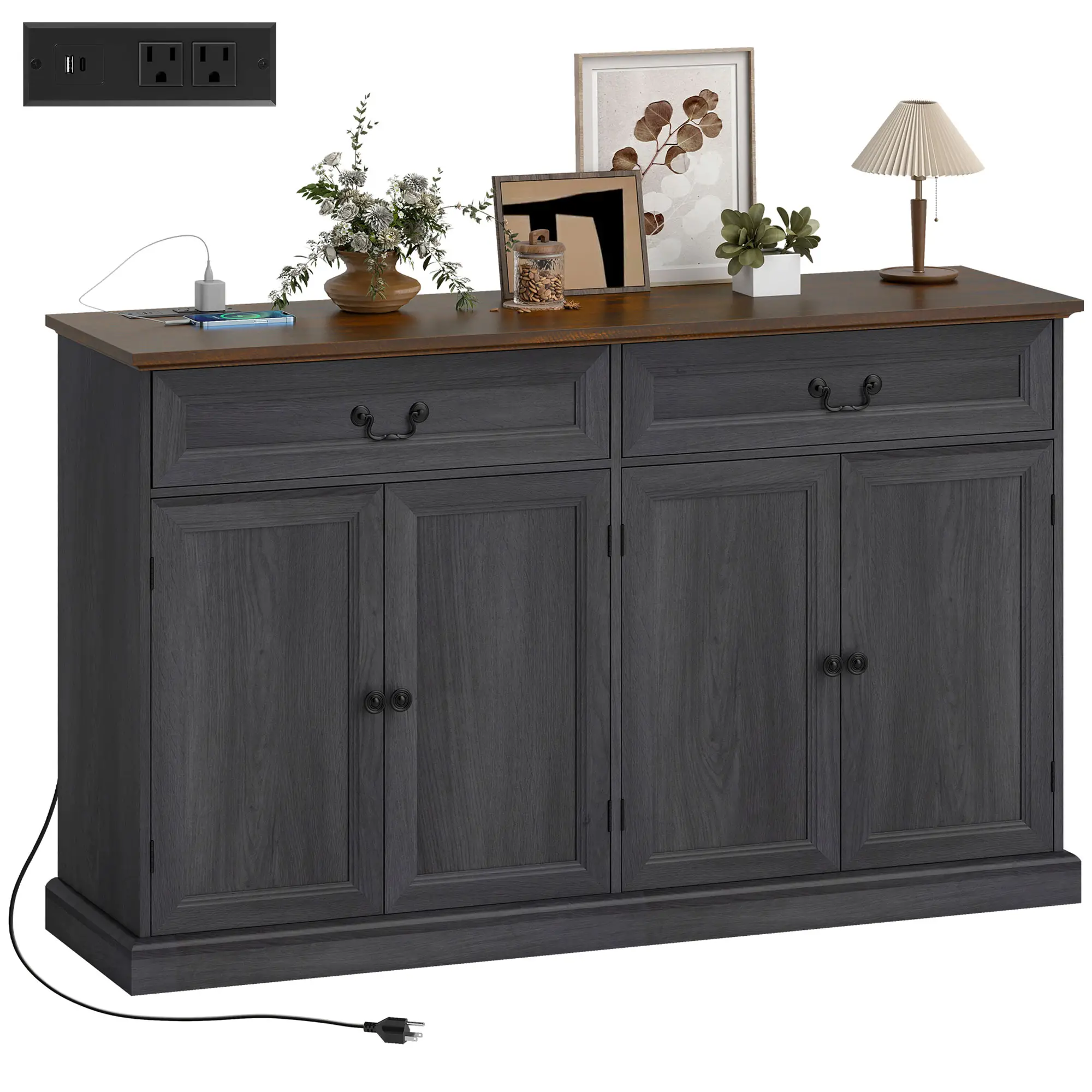 55" Buffet Cabinet, Black Wood Grain, Charging Station, 2 Drawers, Black - Image 11