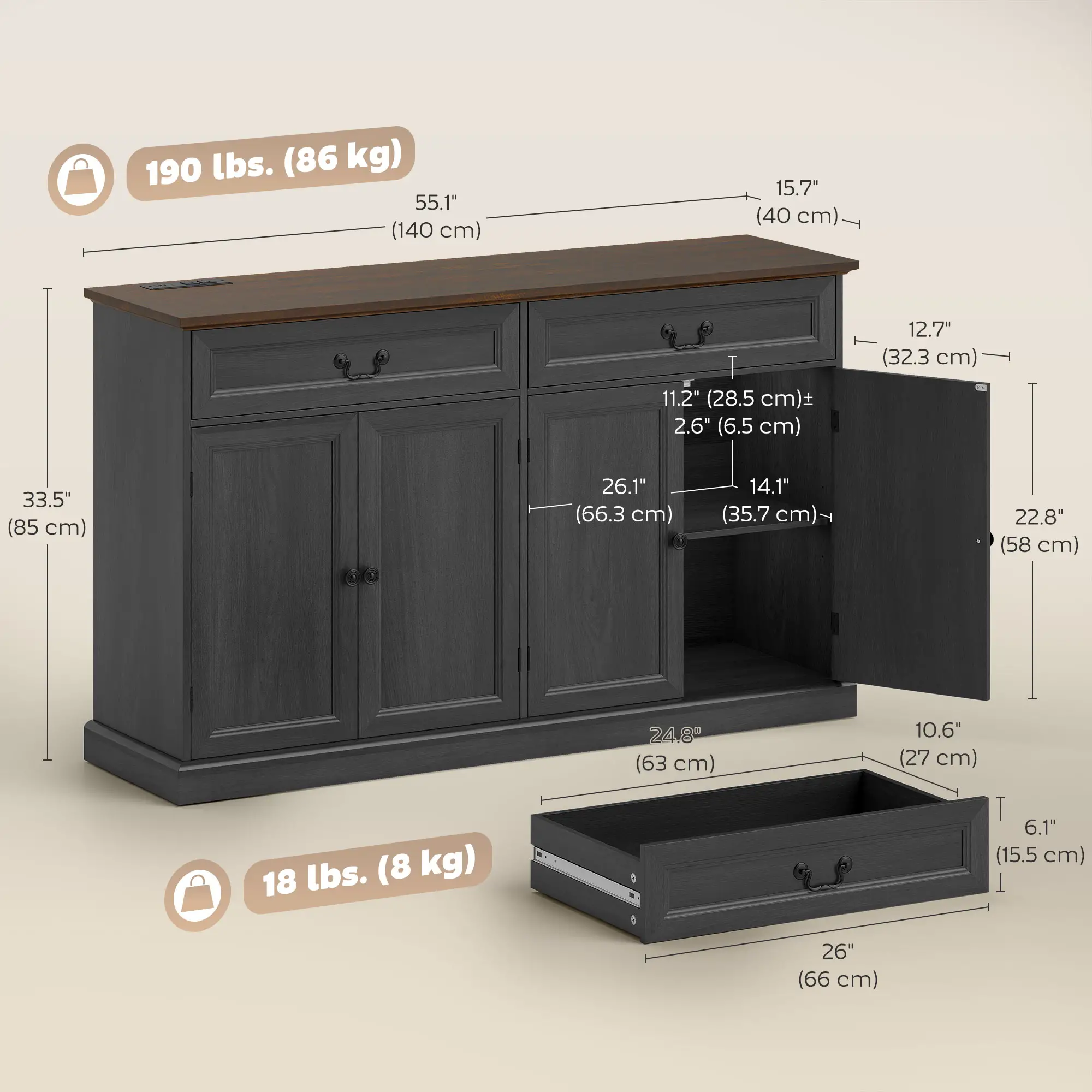 55" Buffet Cabinet, Black Wood Grain, Charging Station, 2 Drawers, Black - Image 3