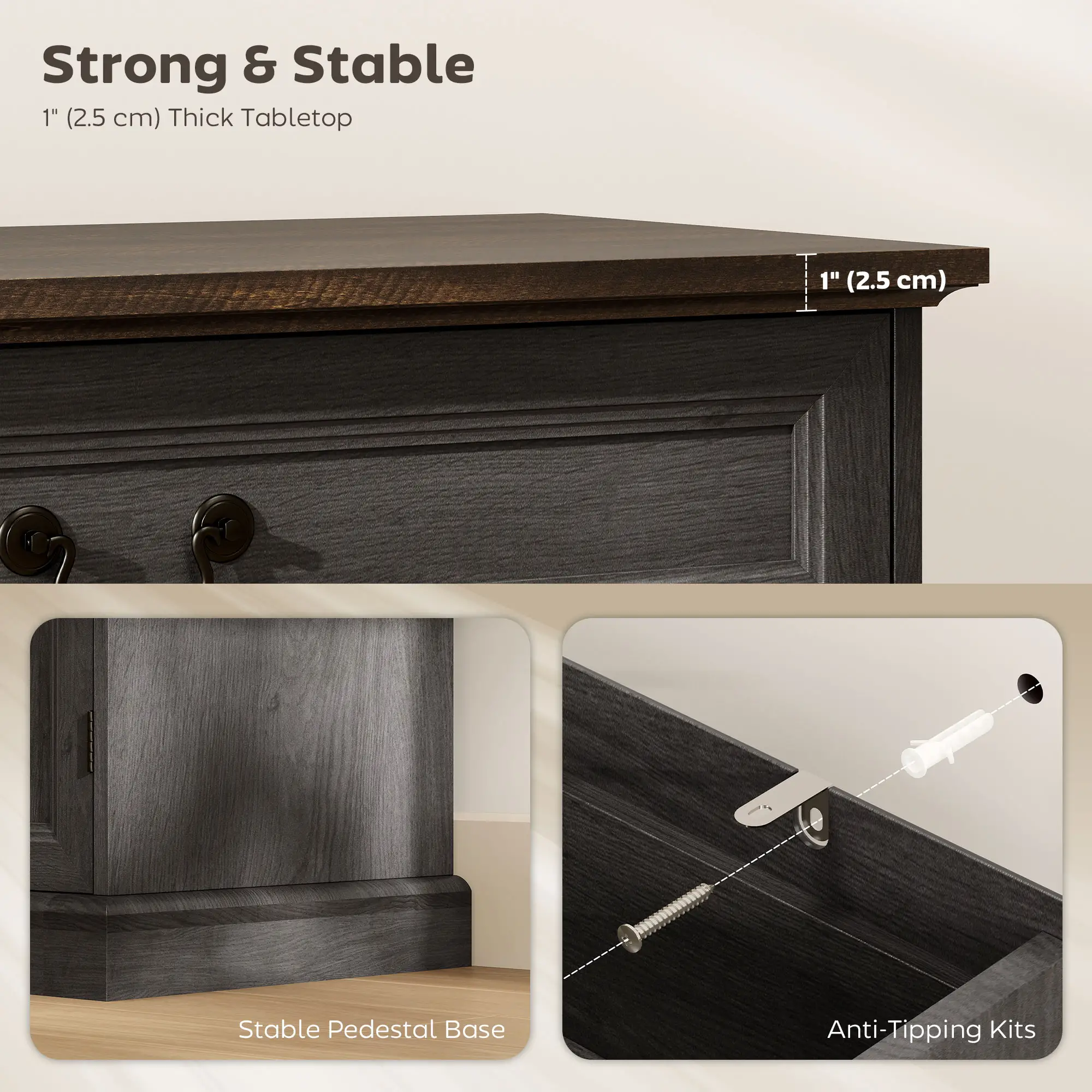 55" Buffet Cabinet, Black Wood Grain, Charging Station, 2 Drawers, Black - Image 7
