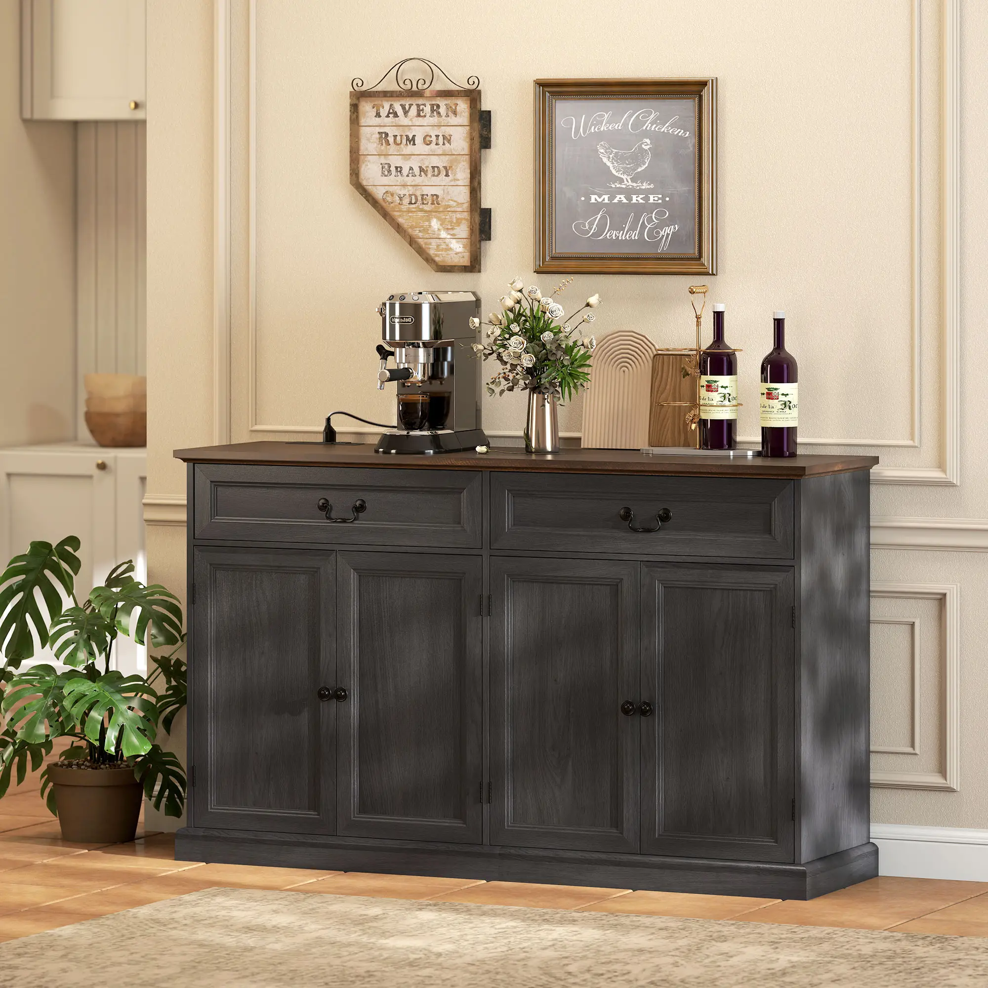 55" Buffet Cabinet, Black Wood Grain, Charging Station, 2 Drawers, Black - Image 8
