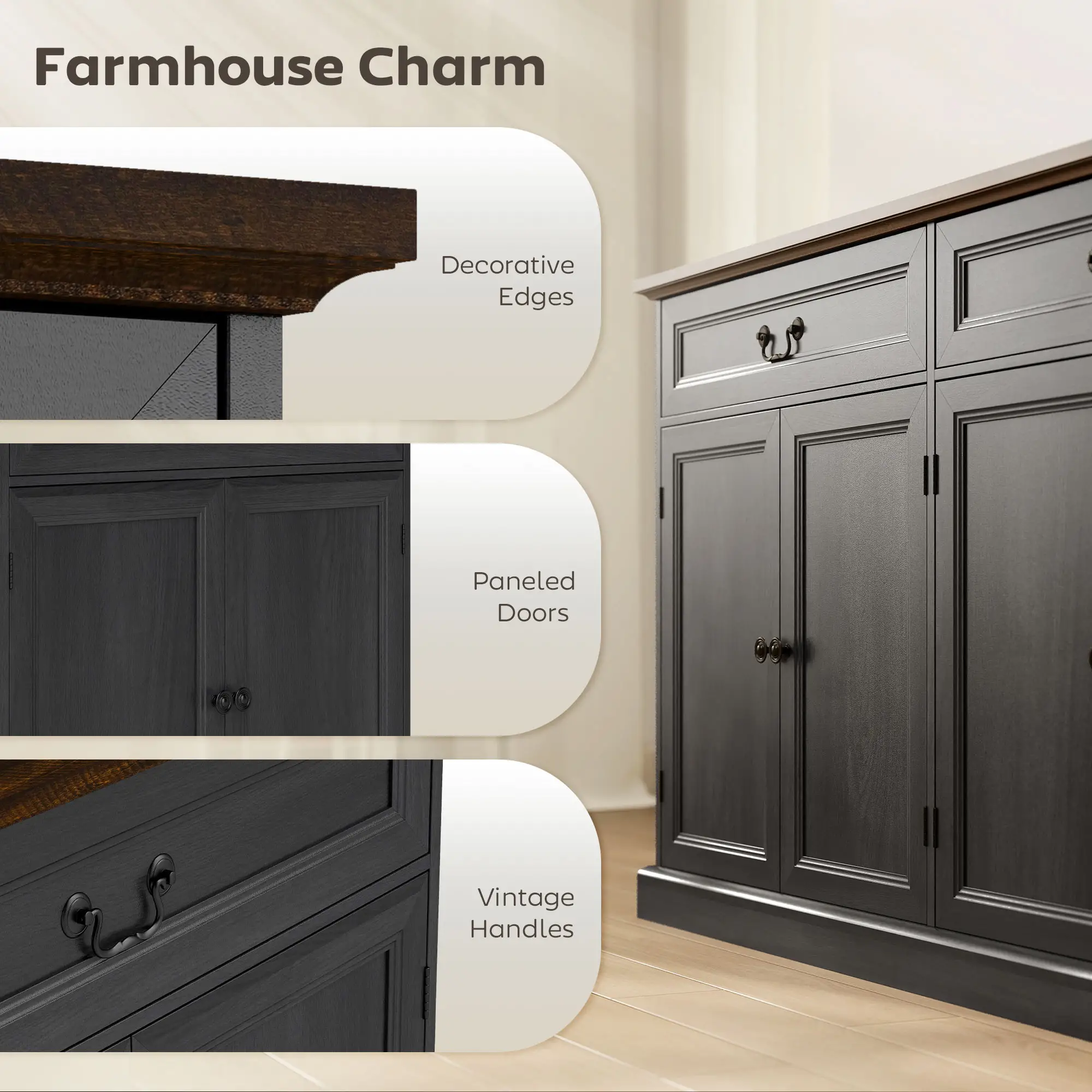 55" Buffet Cabinet, Black Wood Grain, Charging Station, 2 Drawers, Black - Image 9