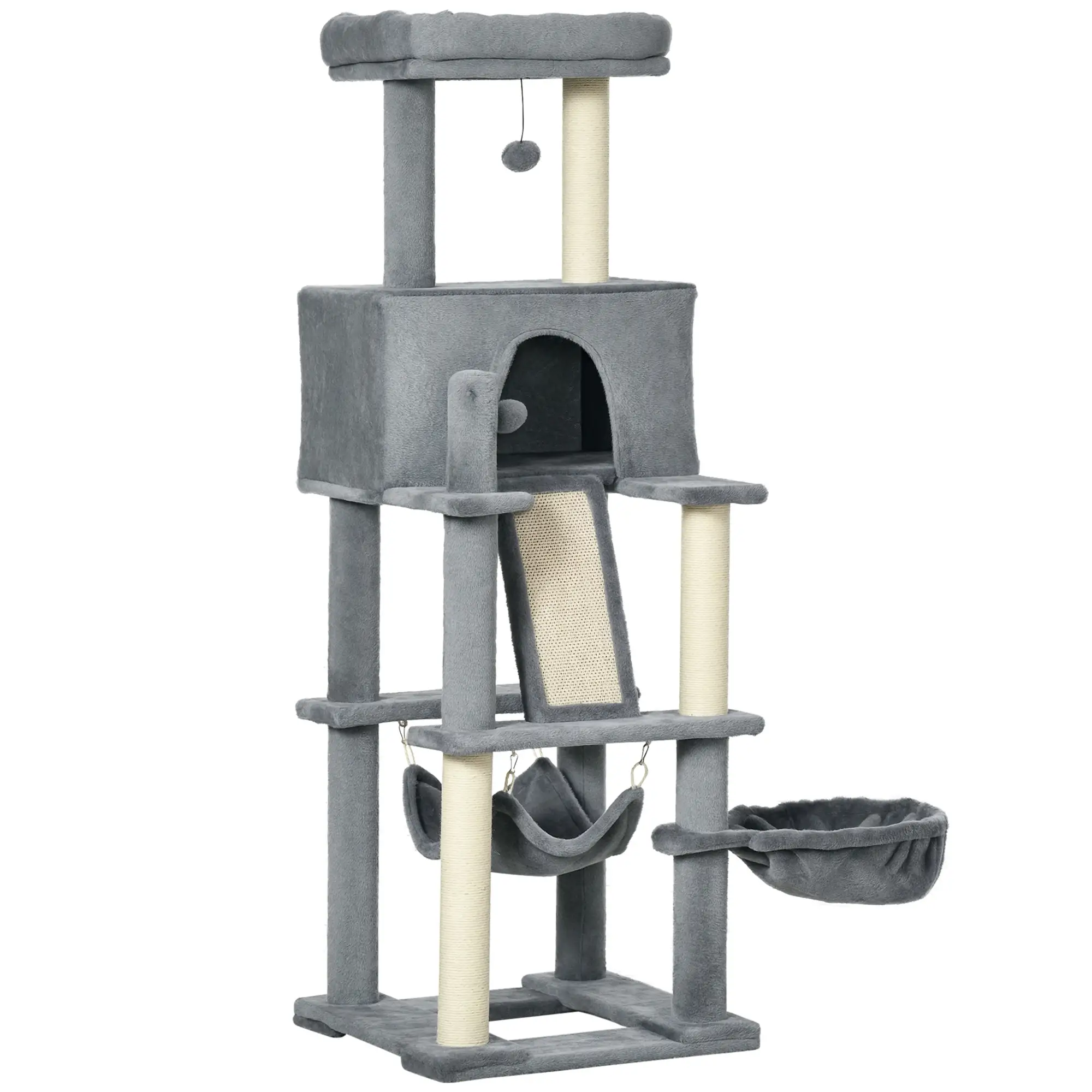 55" Cat Tree, Cat Tower with Bed, Ramp, Hammocks, Toys, Grey