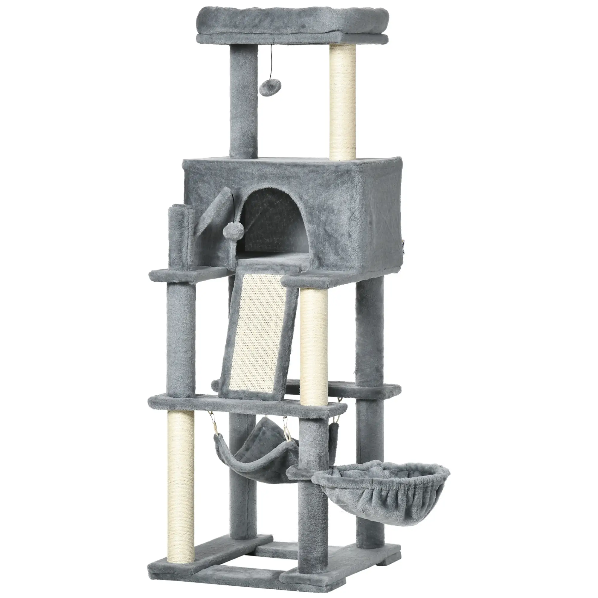 55" Cat Tree, Cat Tower with Bed, Ramp, Hammocks, Toys, Grey - Image 11