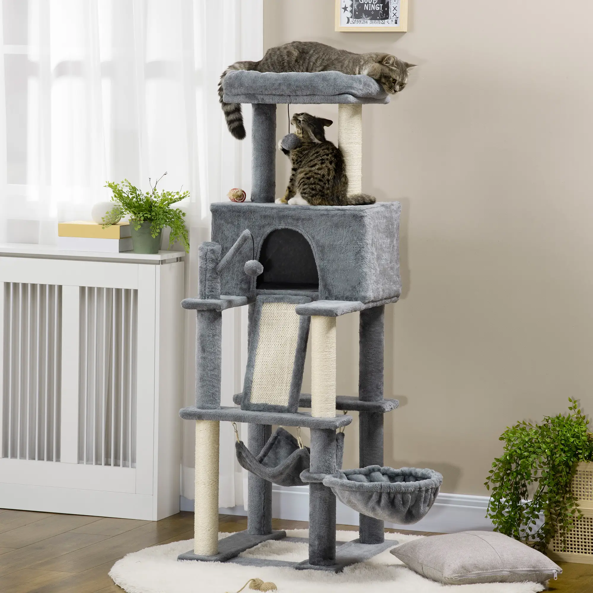 55" Cat Tree, Cat Tower with Bed, Ramp, Hammocks, Toys, Grey - Image 2