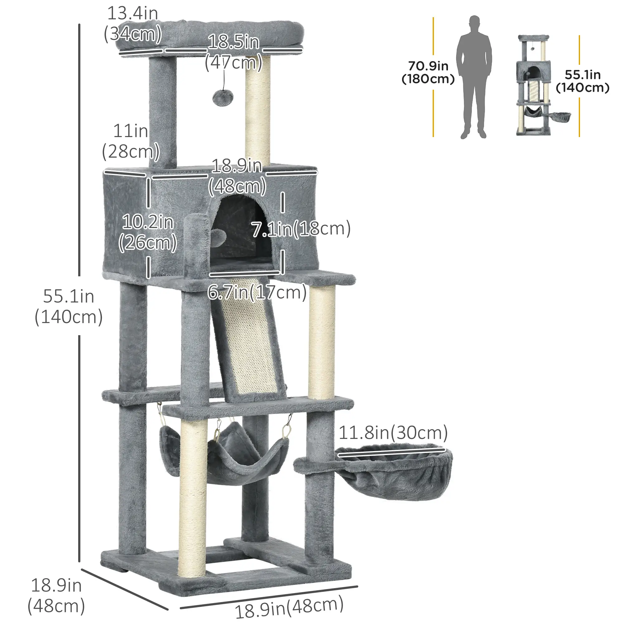55" Cat Tree, Cat Tower with Bed, Ramp, Hammocks, Toys, Grey - Image 3