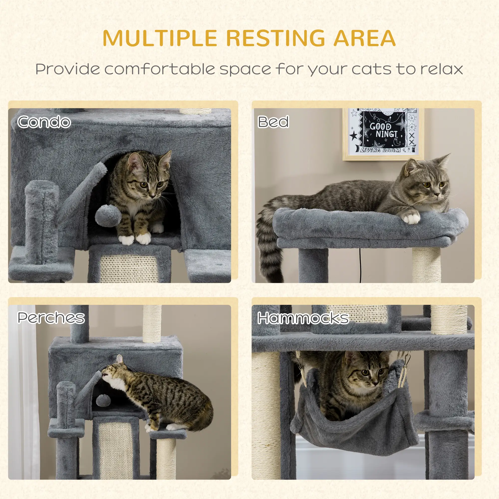 55" Cat Tree, Cat Tower with Bed, Ramp, Hammocks, Toys, Grey - Image 4