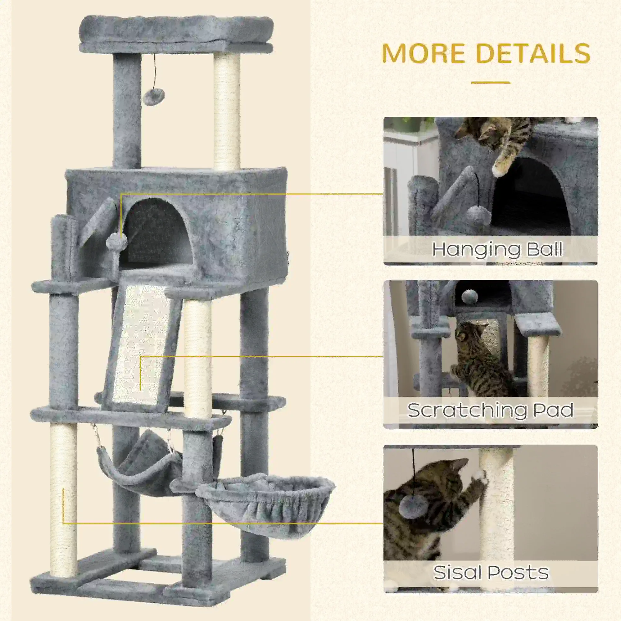 55" Cat Tree, Cat Tower with Bed, Ramp, Hammocks, Toys, Grey - Image 5