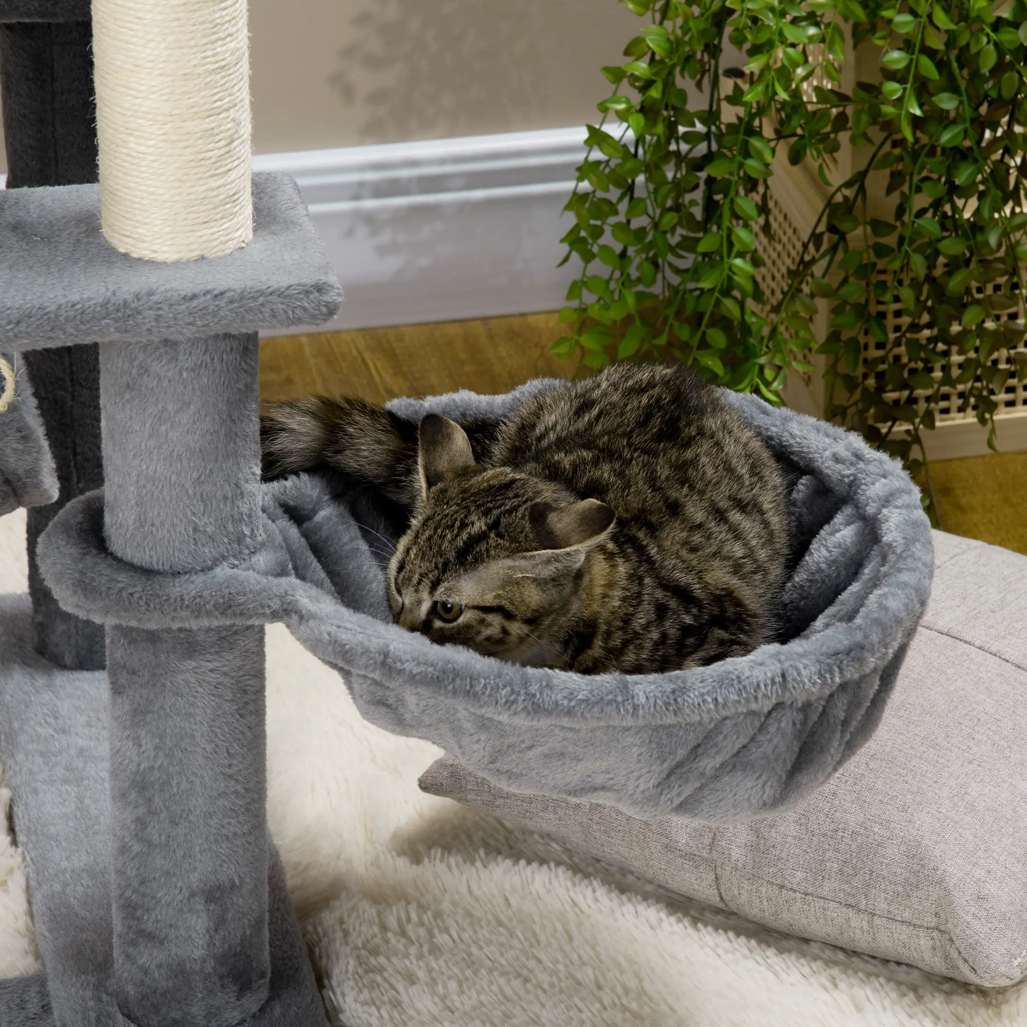 55" Cat Tree, Cat Tower with Bed, Ramp, Hammocks, Toys, Grey - Image 7