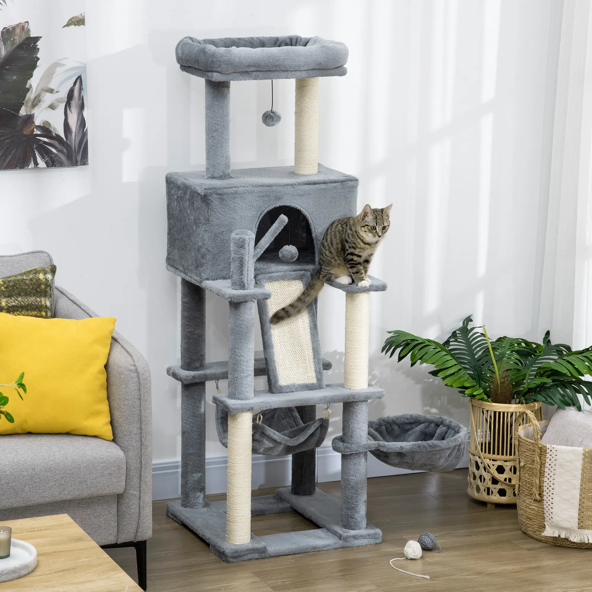 55" Cat Tree, Cat Tower with Bed, Ramp, Hammocks, Toys, Grey - Image 8
