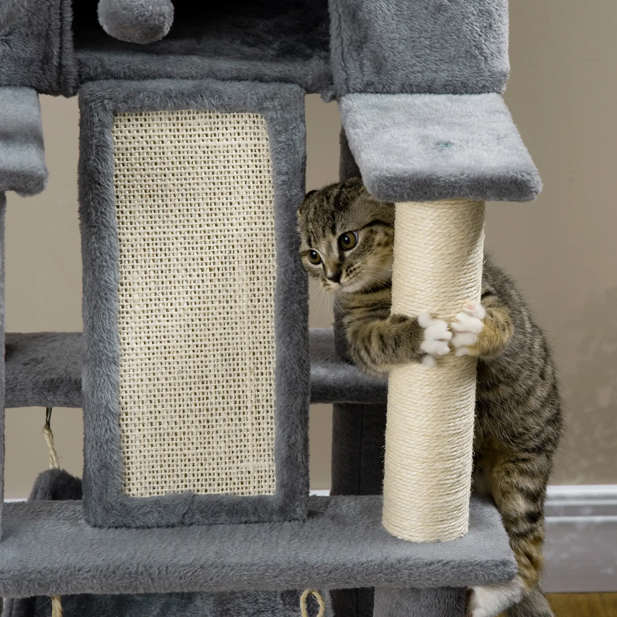 55" Cat Tree, Cat Tower with Bed, Ramp, Hammocks, Toys, Grey - Image 9