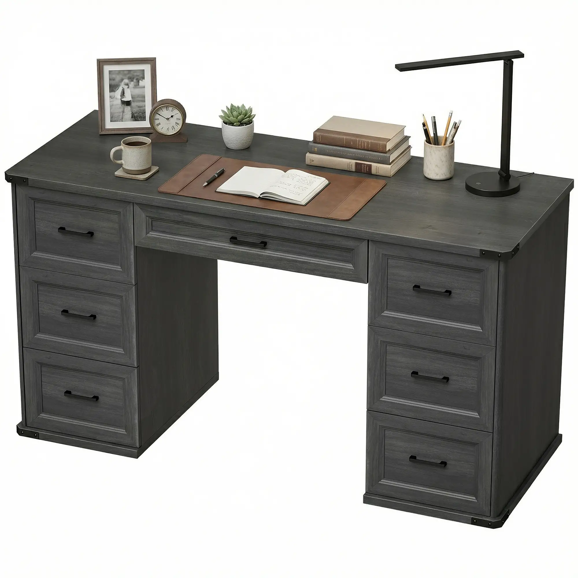 55" Computer Desk With 7 Drawers, Farmhouse Executive Desk, Black Wood Grain, Black