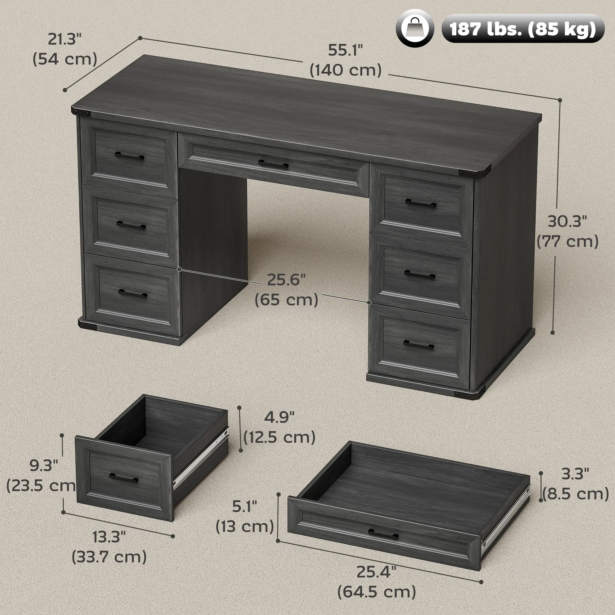 55" Computer Desk With 7 Drawers, Farmhouse Executive Desk, Black Wood Grain, Black - Image 3