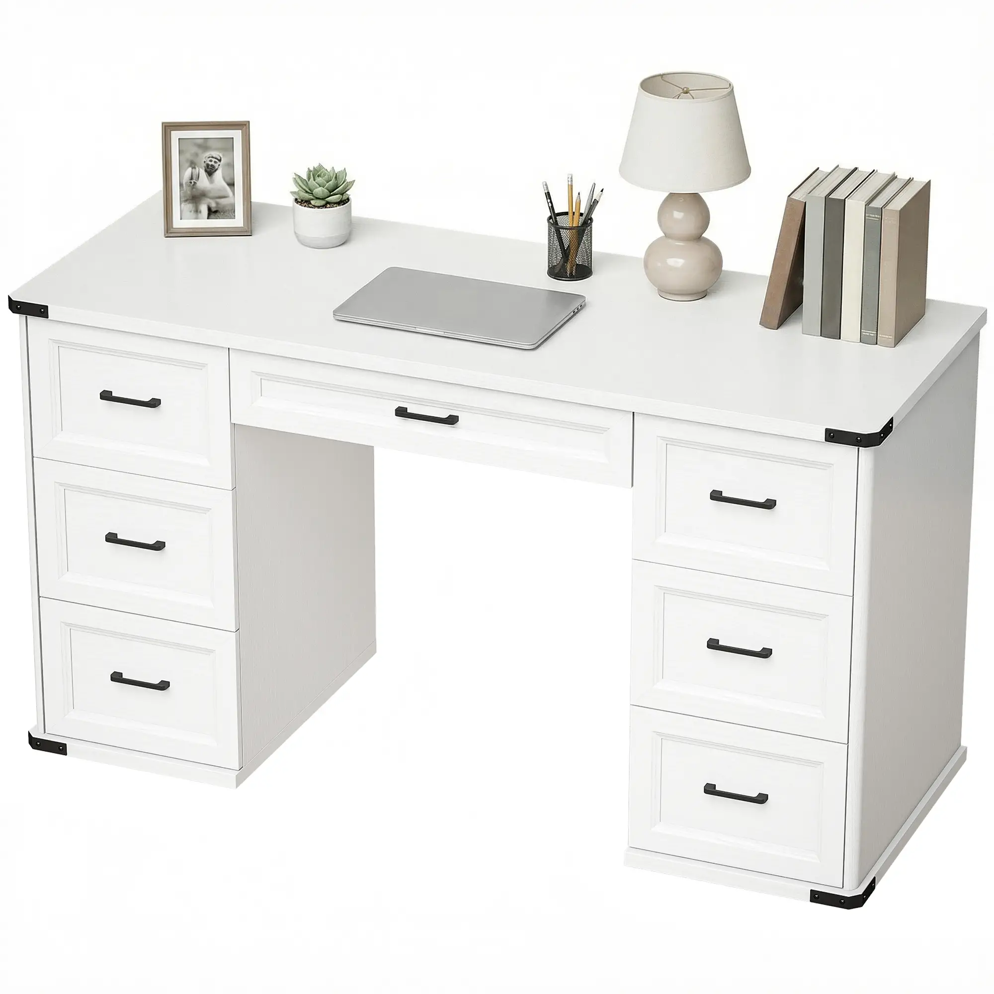 55" Computer Desk With 7 Drawers, Farmhouse Executive Desk, White Wood Grain