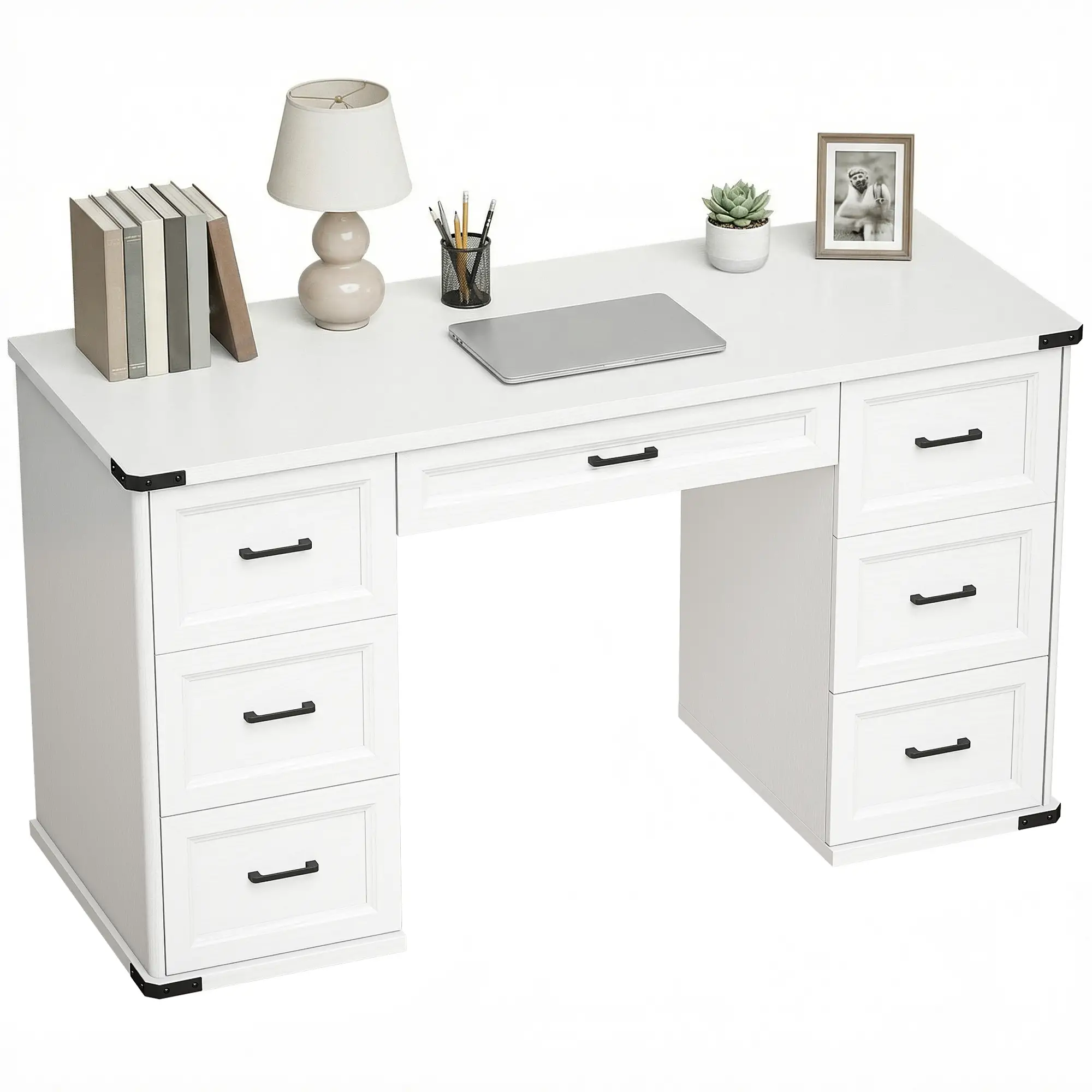 55" Computer Desk With 7 Drawers, Farmhouse Executive Desk, White Wood Grain - Image 11