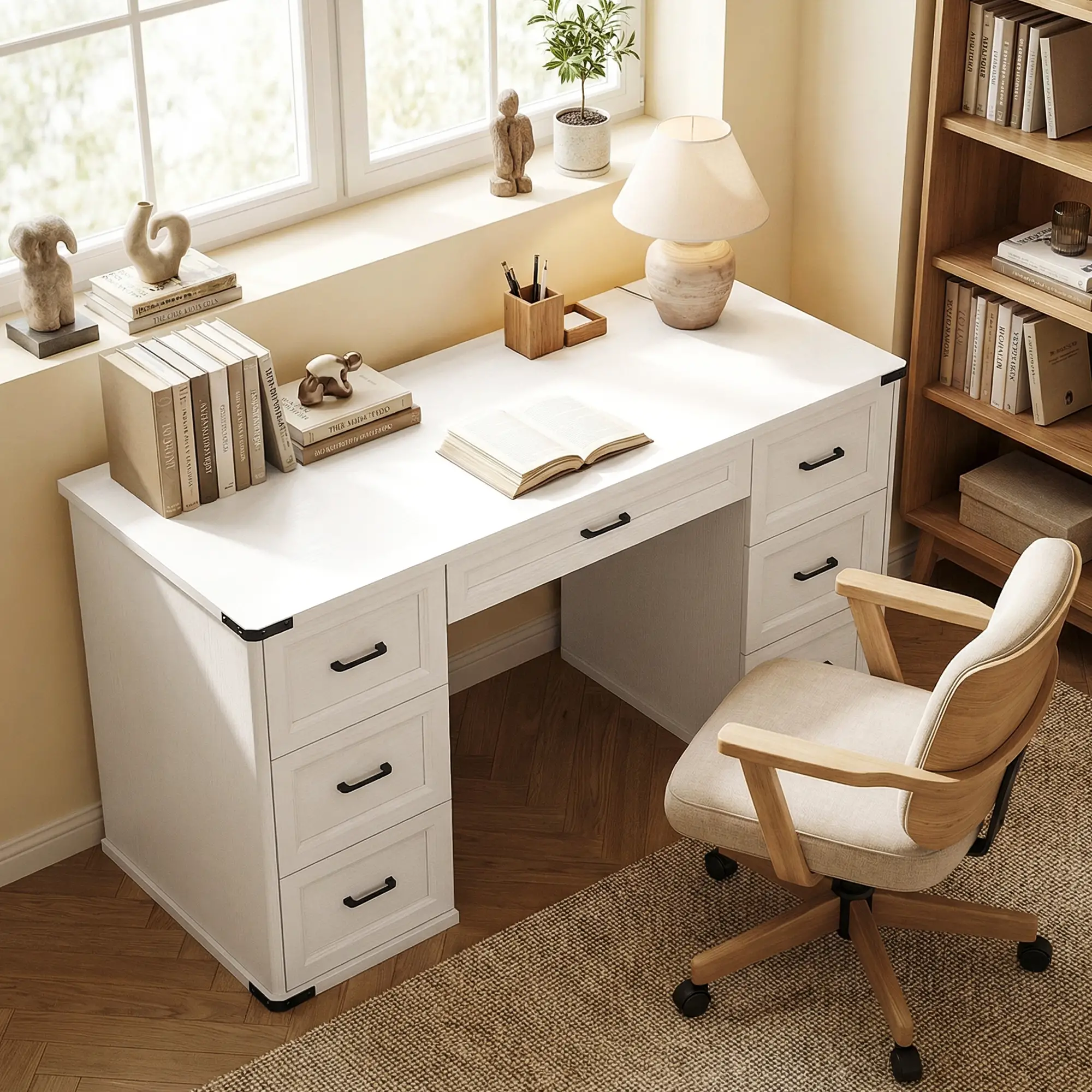 55" Computer Desk With 7 Drawers, Farmhouse Executive Desk, White Wood Grain - Image 2