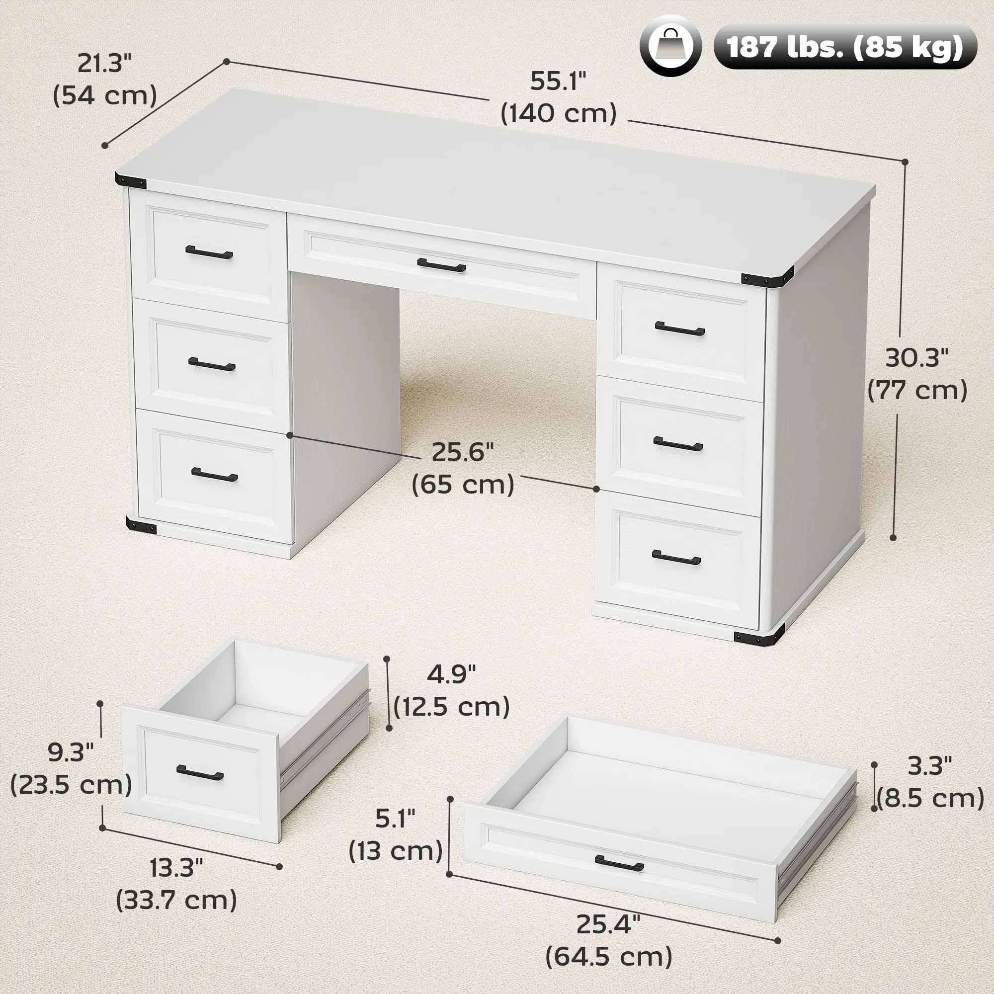 55" Computer Desk With 7 Drawers, Farmhouse Executive Desk, White Wood Grain - Image 3