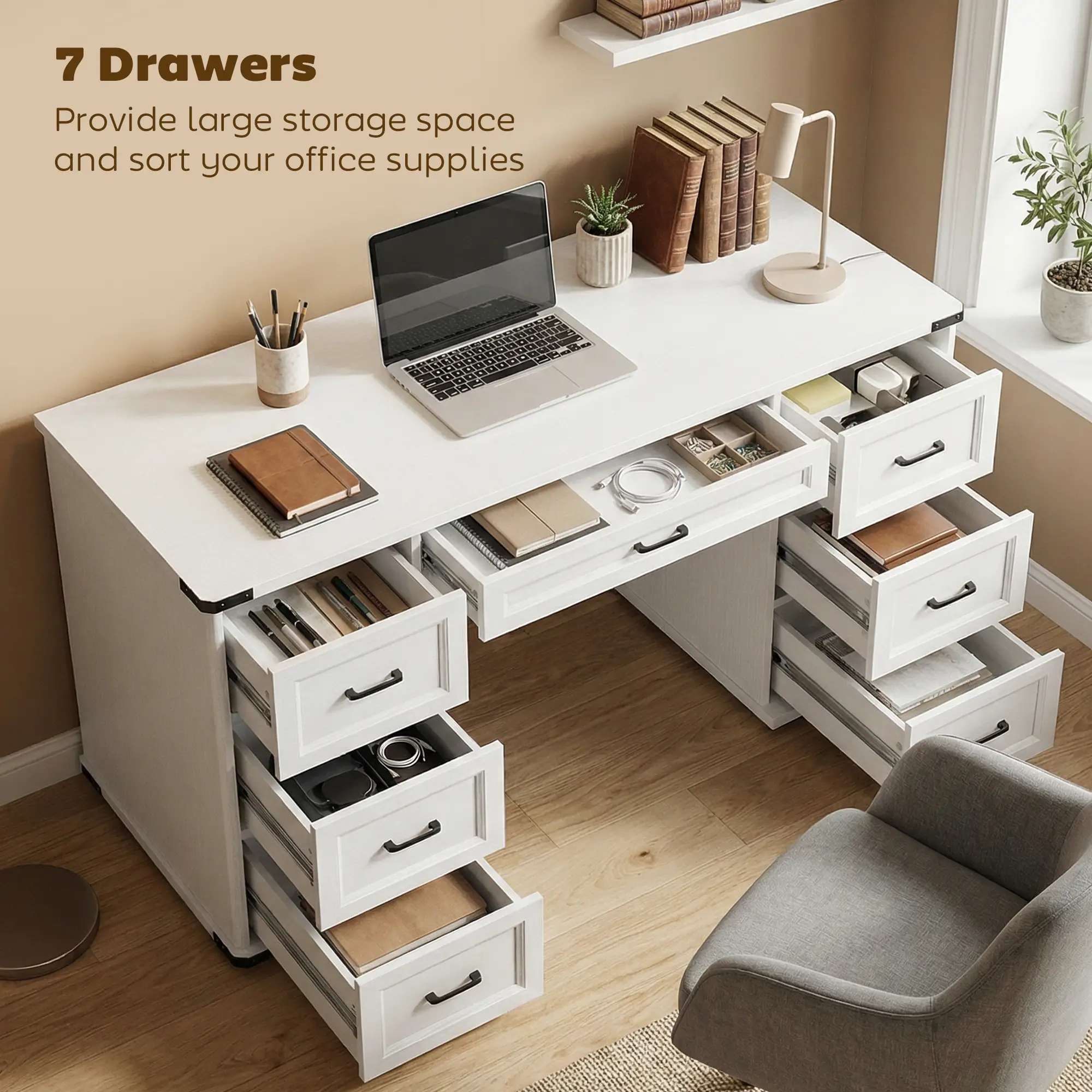 55" Computer Desk With 7 Drawers, Farmhouse Executive Desk, White Wood Grain - Image 4