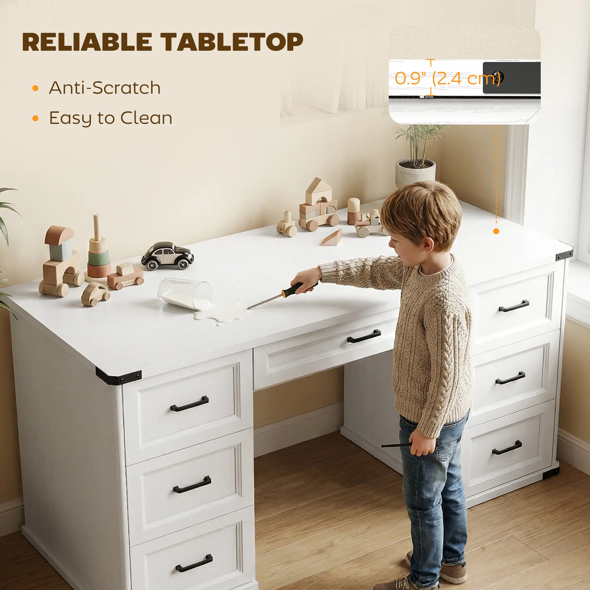 55" Computer Desk With 7 Drawers, Farmhouse Executive Desk, White Wood Grain - Image 7