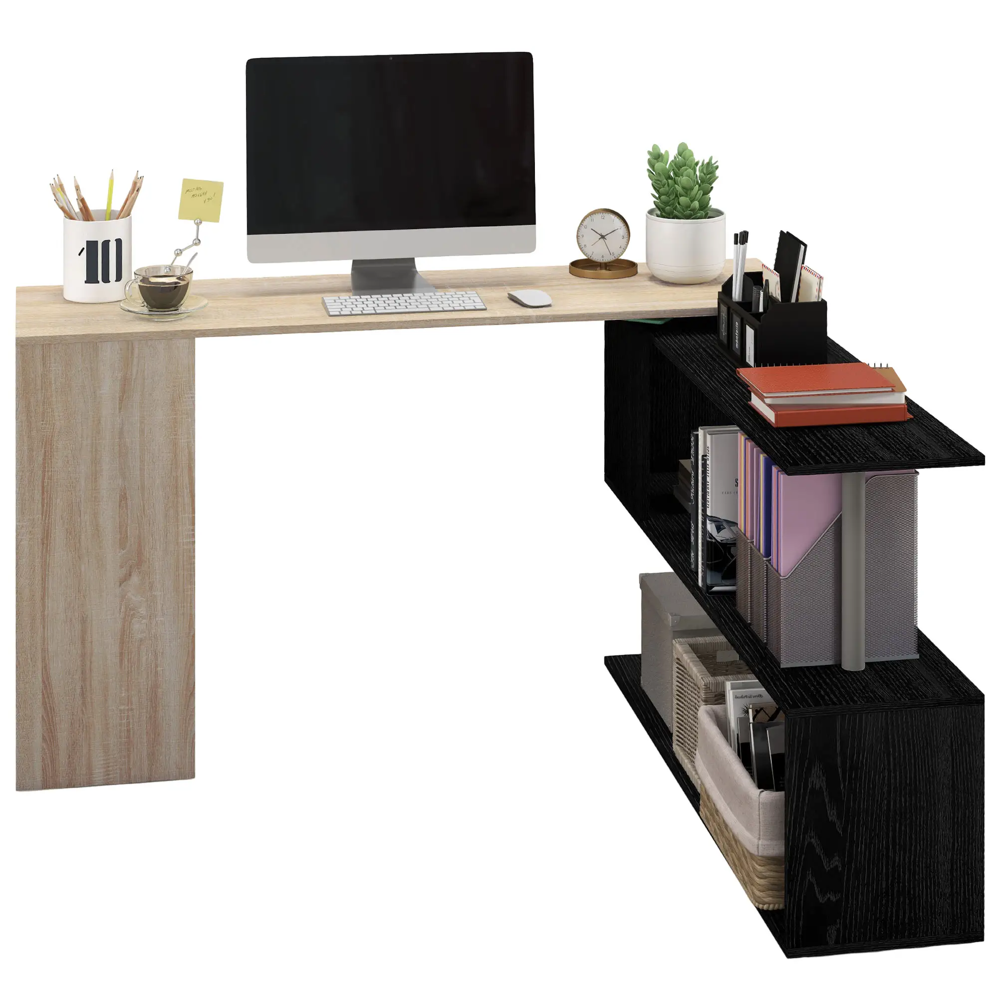 55" Corner Computer Desk, L-Shaped Rotating Workstation, 3-Tier Shelves