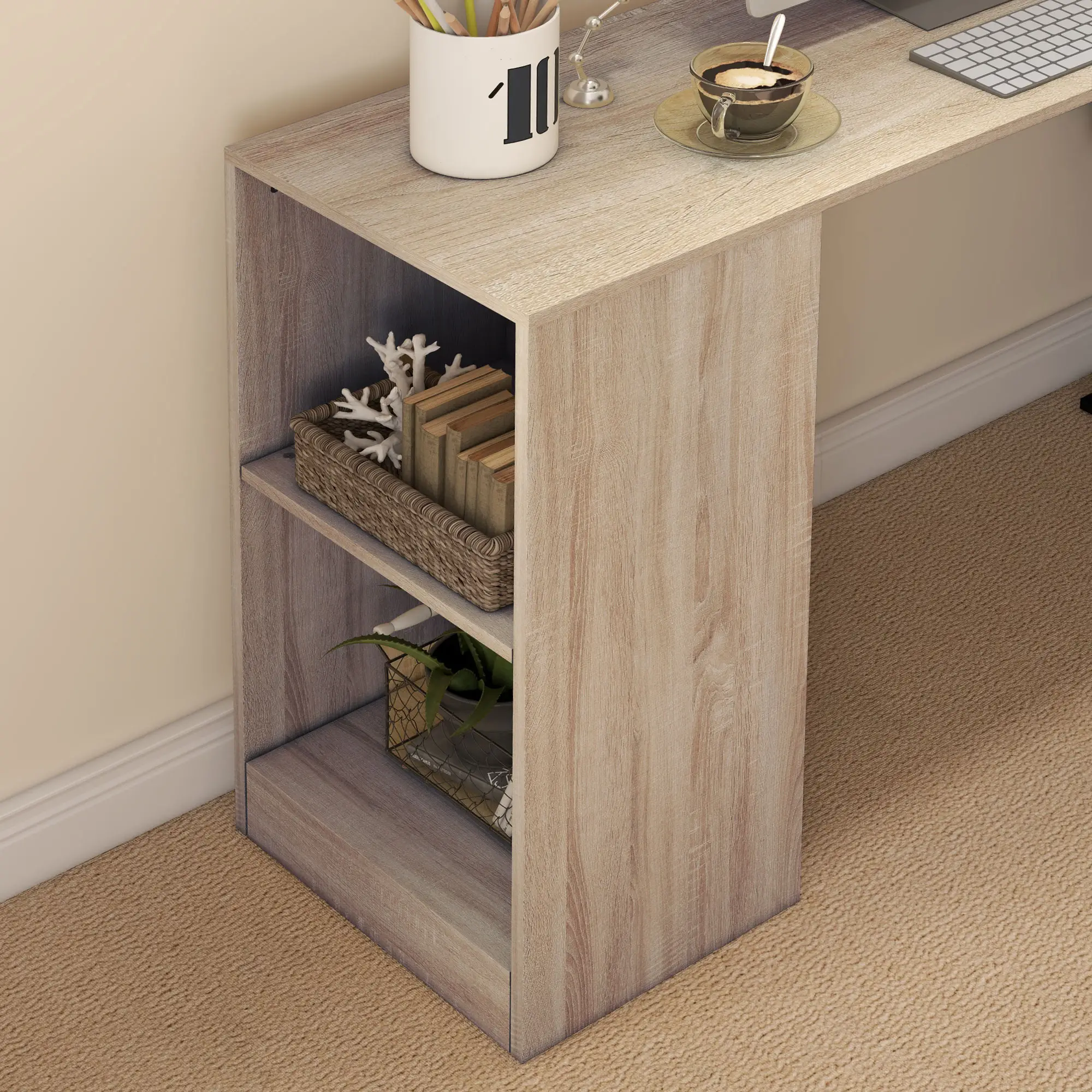 55" Corner Computer Desk, L-Shaped Rotating Workstation, 3-Tier Shelves - Image 10