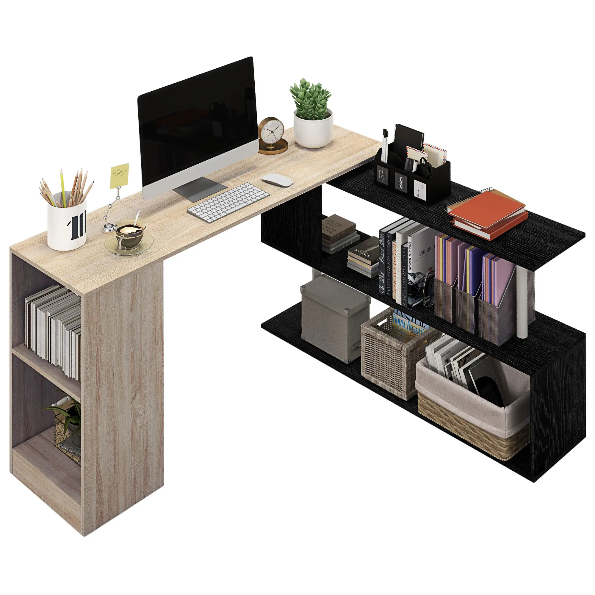 55" Corner Computer Desk, L-Shaped Rotating Workstation, 3-Tier Shelves - Image 11
