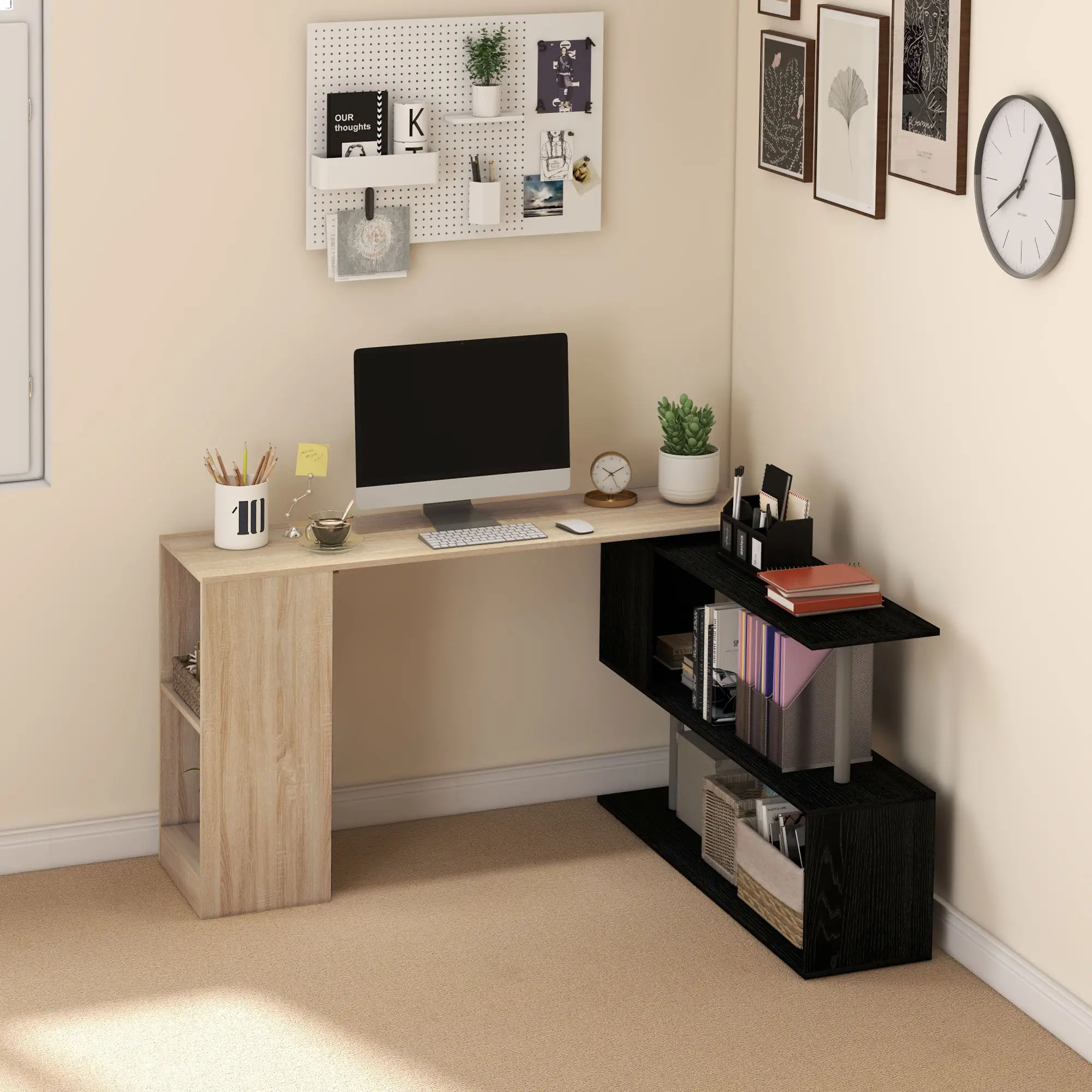55" Corner Computer Desk, L-Shaped Rotating Workstation, 3-Tier Shelves - Image 2
