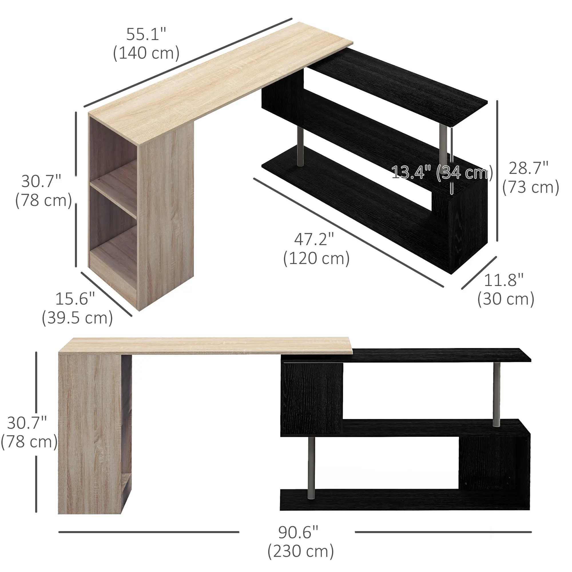 55" Corner Computer Desk, L-Shaped Rotating Workstation, 3-Tier Shelves - Image 3