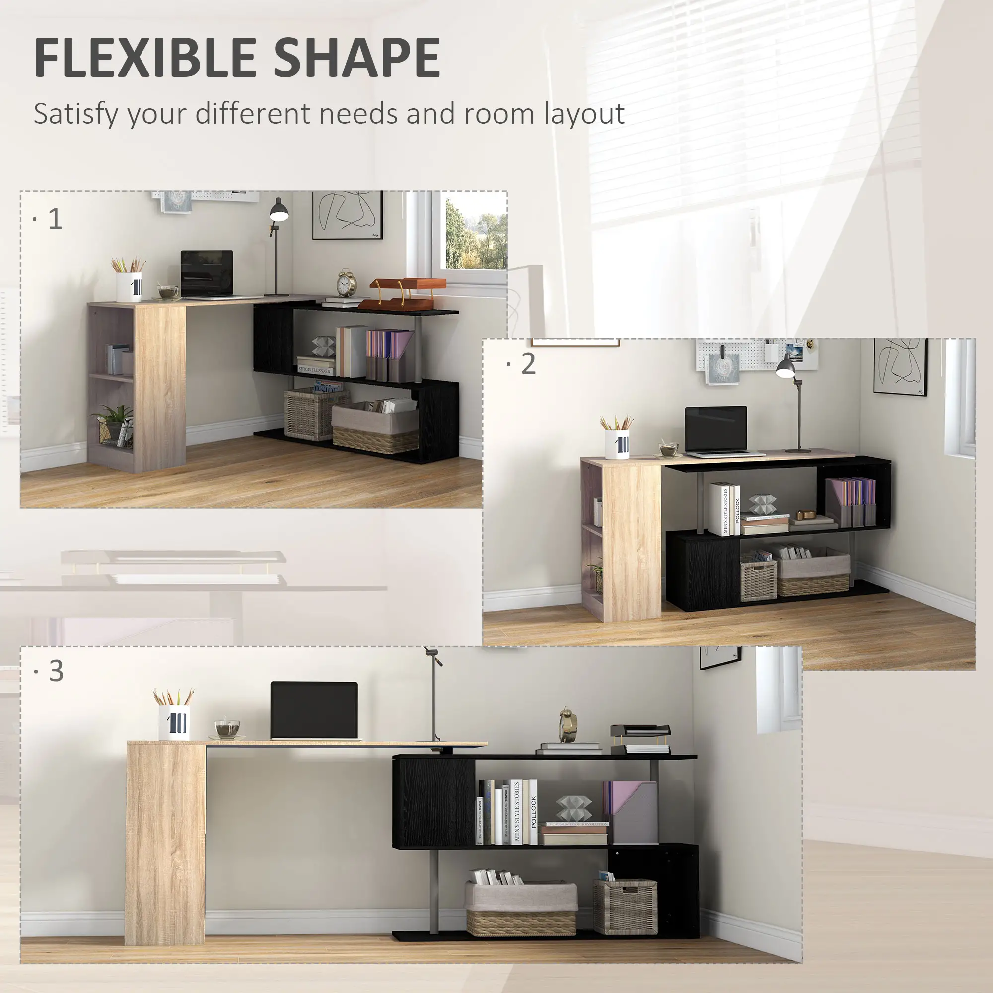 55" Corner Computer Desk, L-Shaped Rotating Workstation, 3-Tier Shelves - Image 4