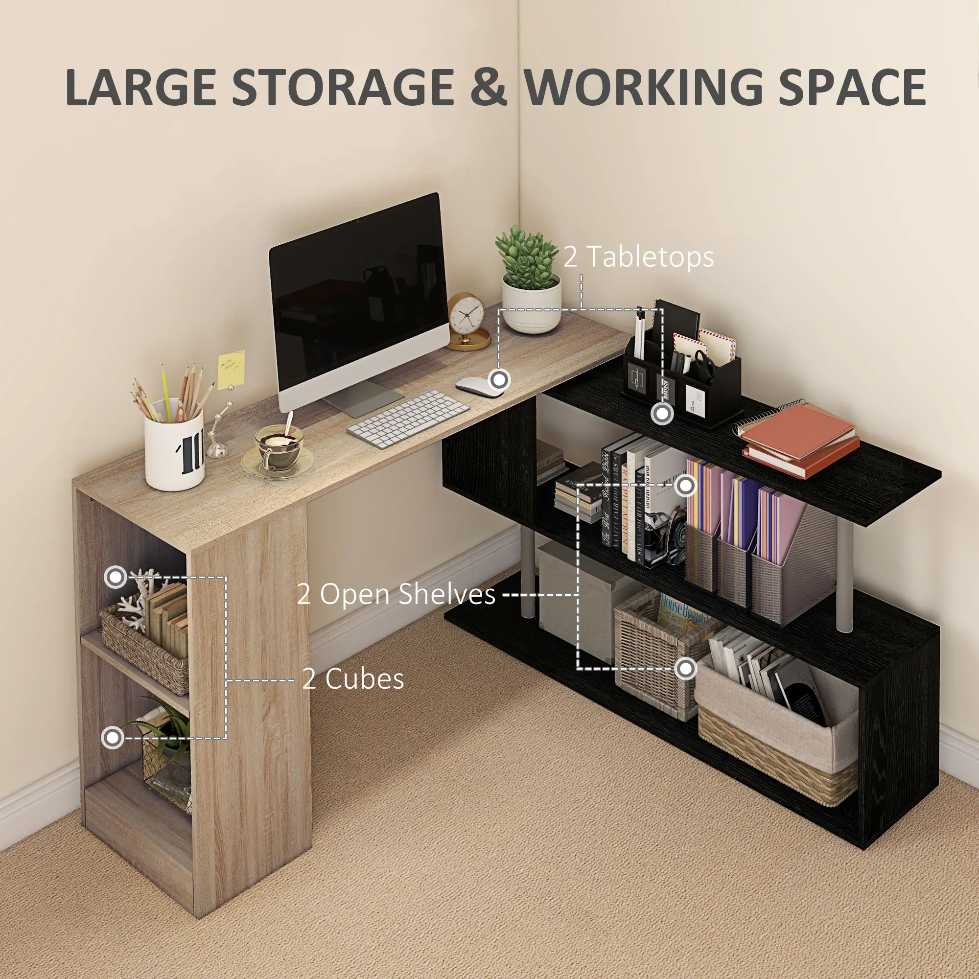 55" Corner Computer Desk, L-Shaped Rotating Workstation, 3-Tier Shelves - Image 5