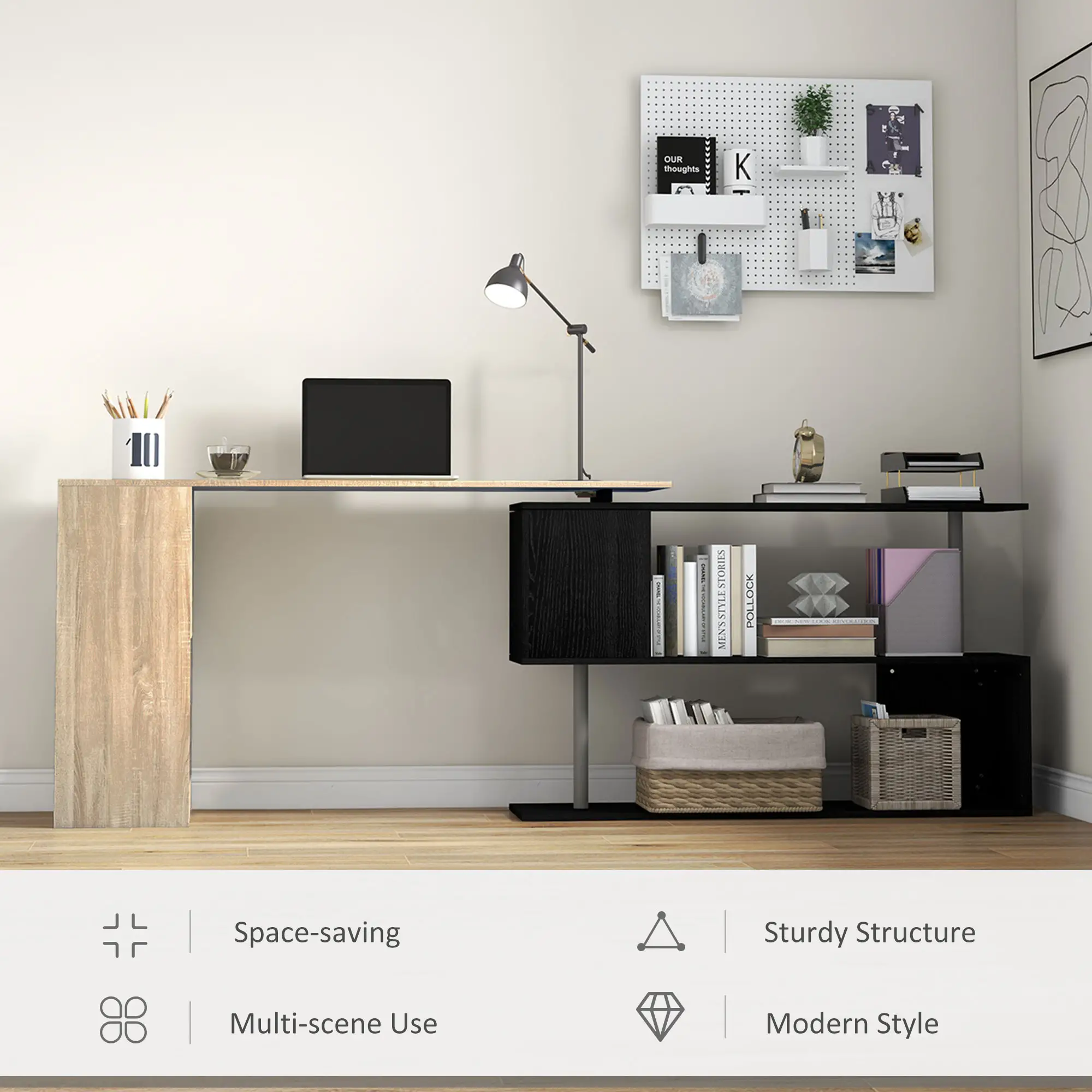55" Corner Computer Desk, L-Shaped Rotating Workstation, 3-Tier Shelves - Image 6