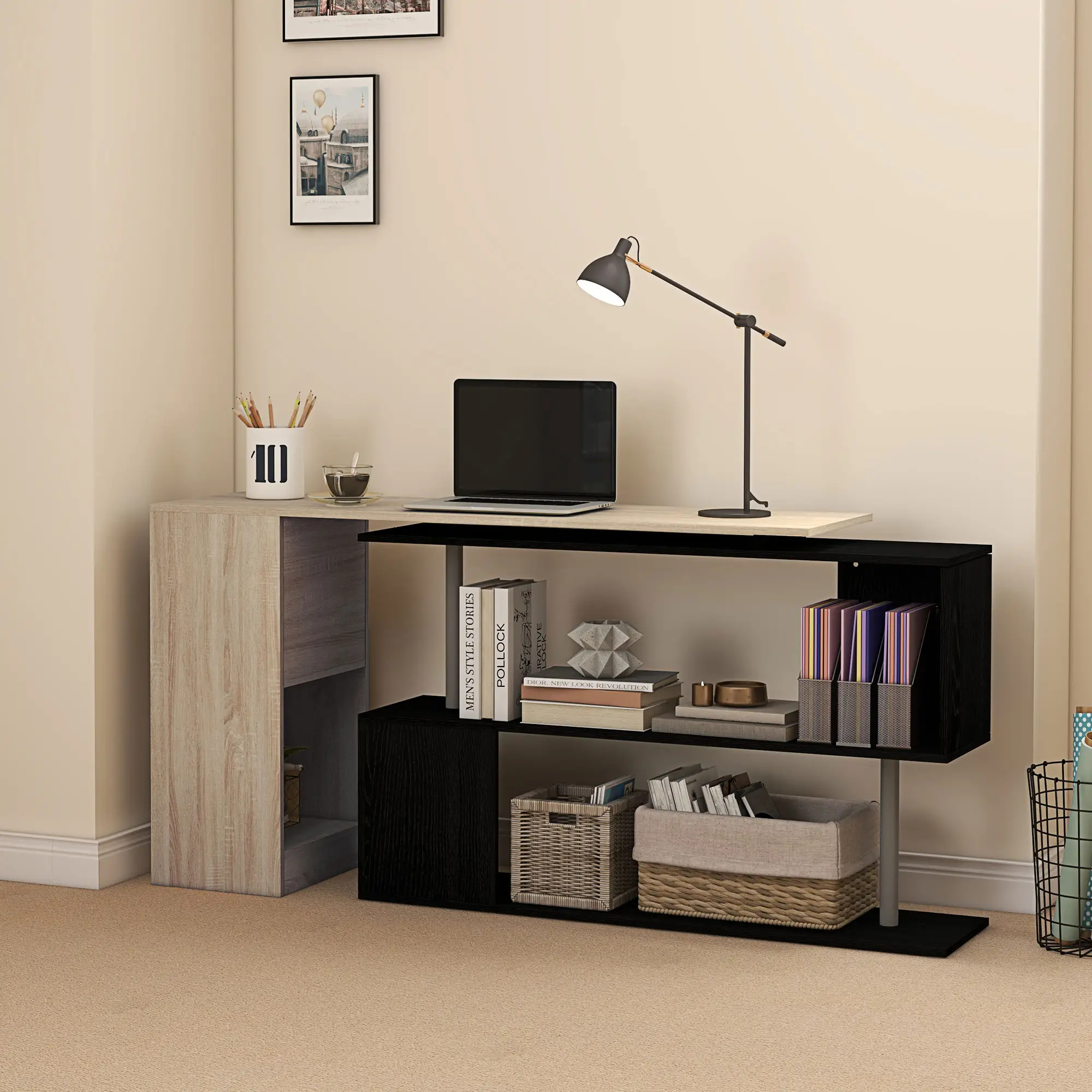 55" Corner Computer Desk, L-Shaped Rotating Workstation, 3-Tier Shelves - Image 7