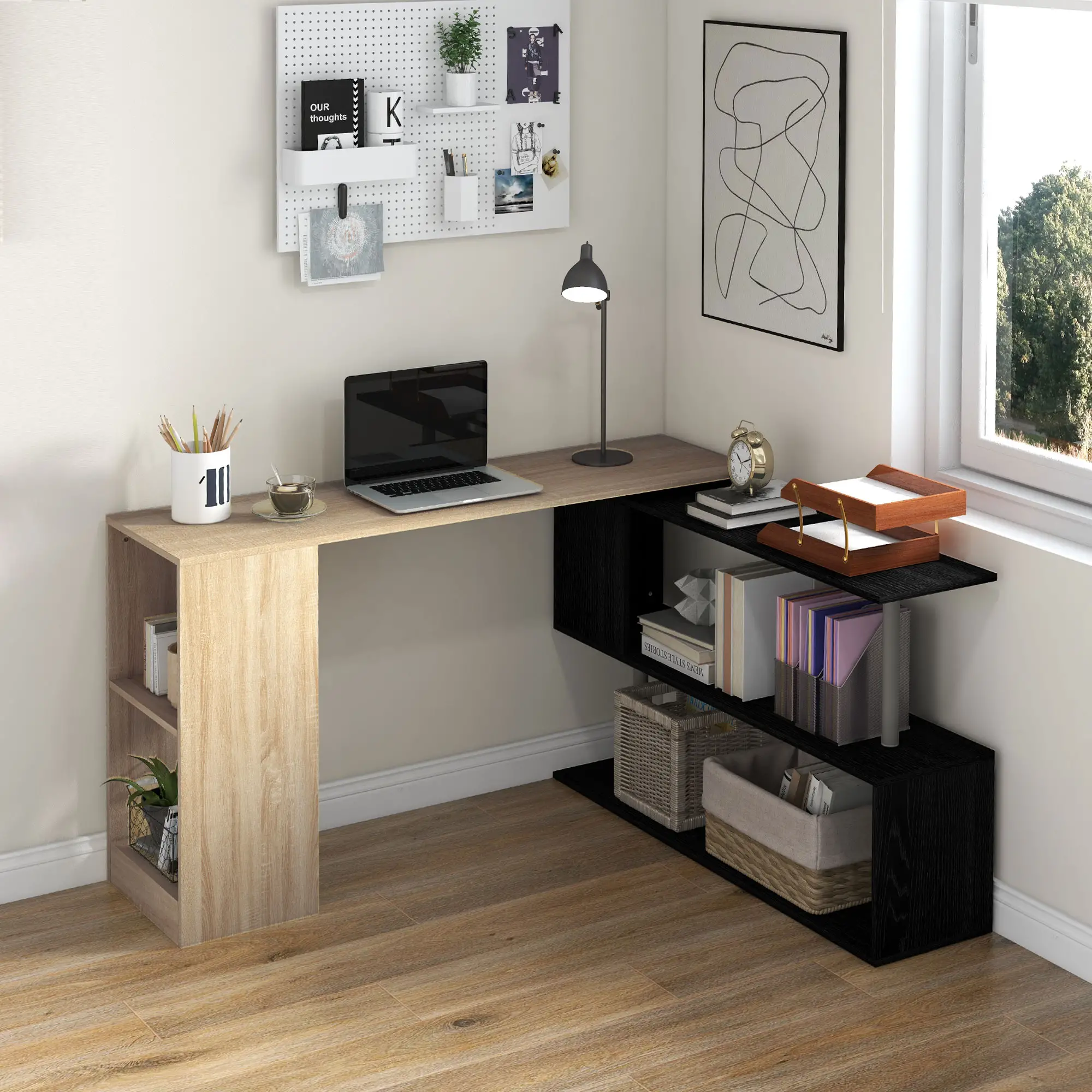 55" Corner Computer Desk, L-Shaped Rotating Workstation, 3-Tier Shelves - Image 8