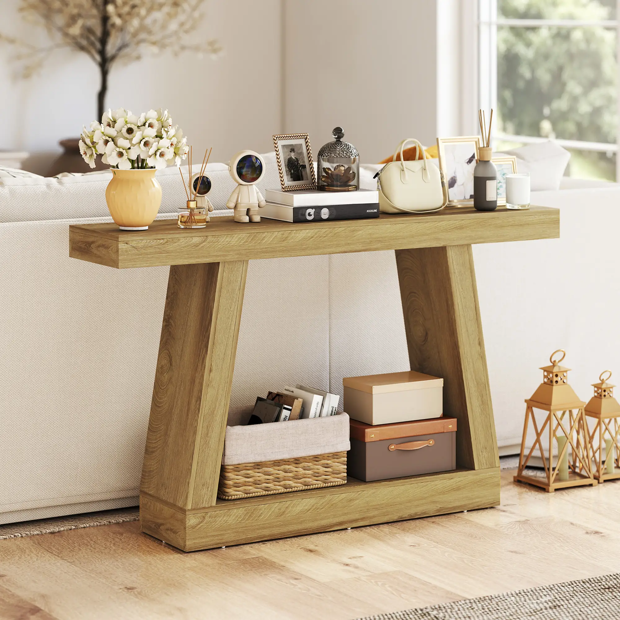 55" Farmhouse Console Table with Storage, Oak - Image 9