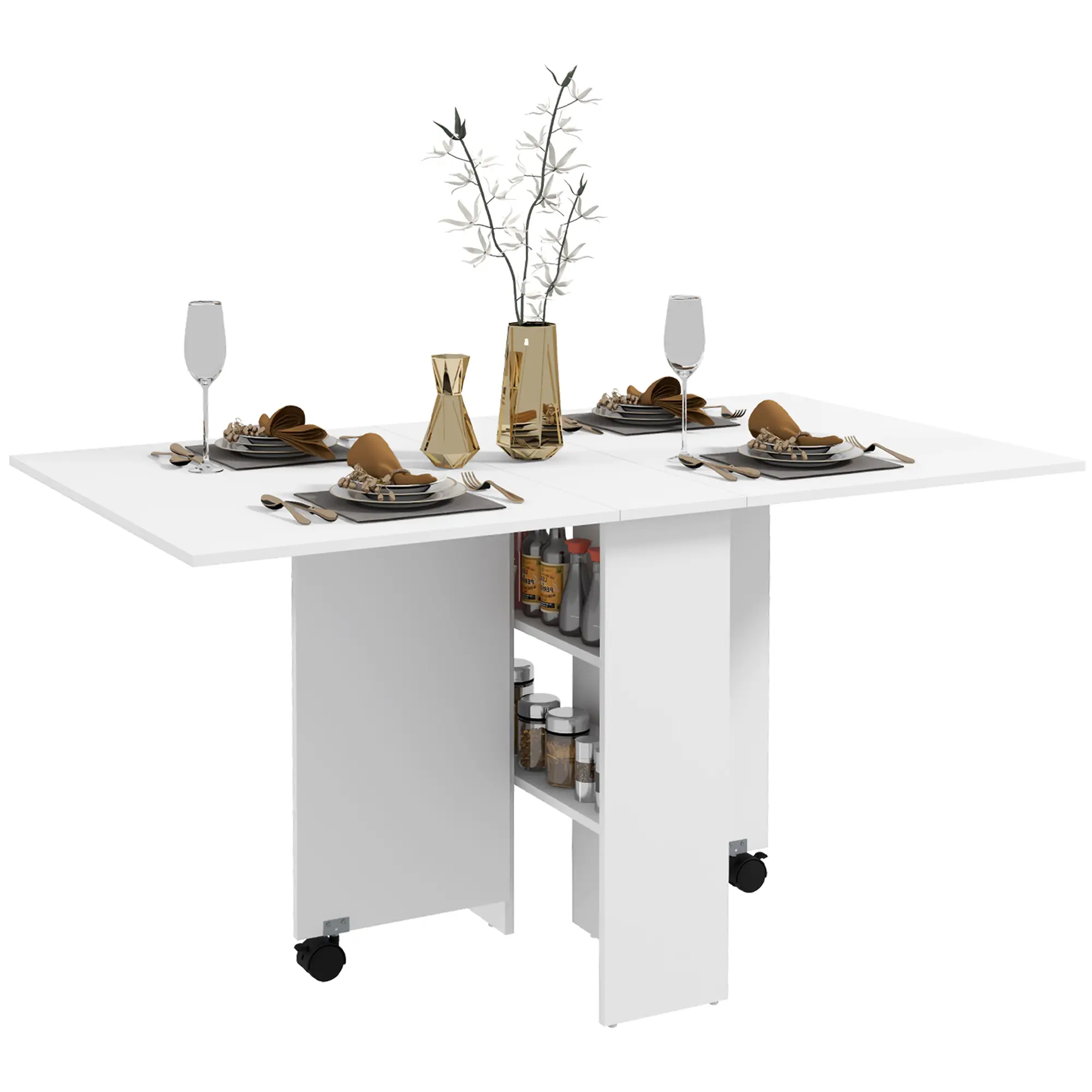 55" Folding Dining Table, Drop Leaf, Storage Shelves, White