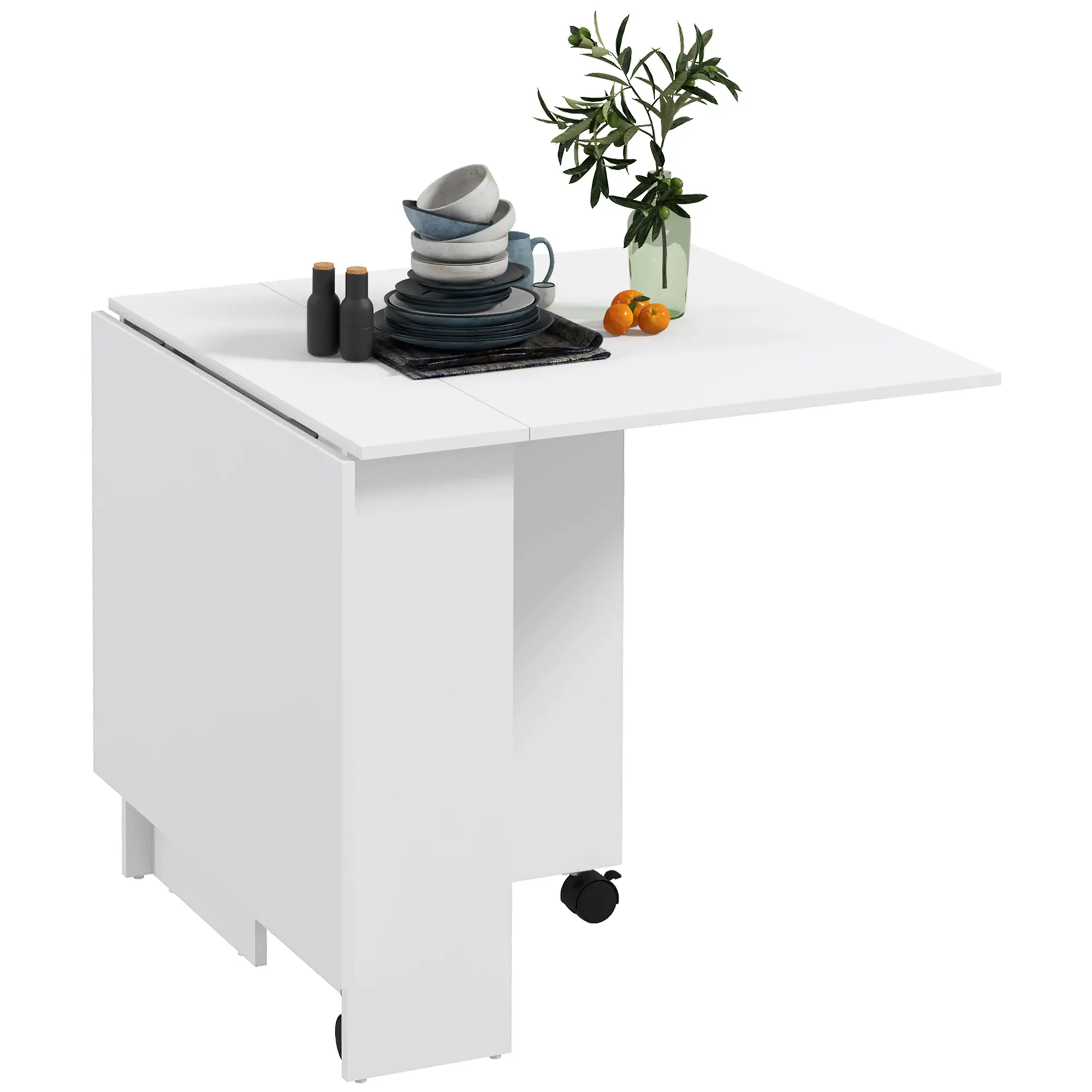 55" Folding Dining Table, Drop Leaf, Storage Shelves, White - Image 11