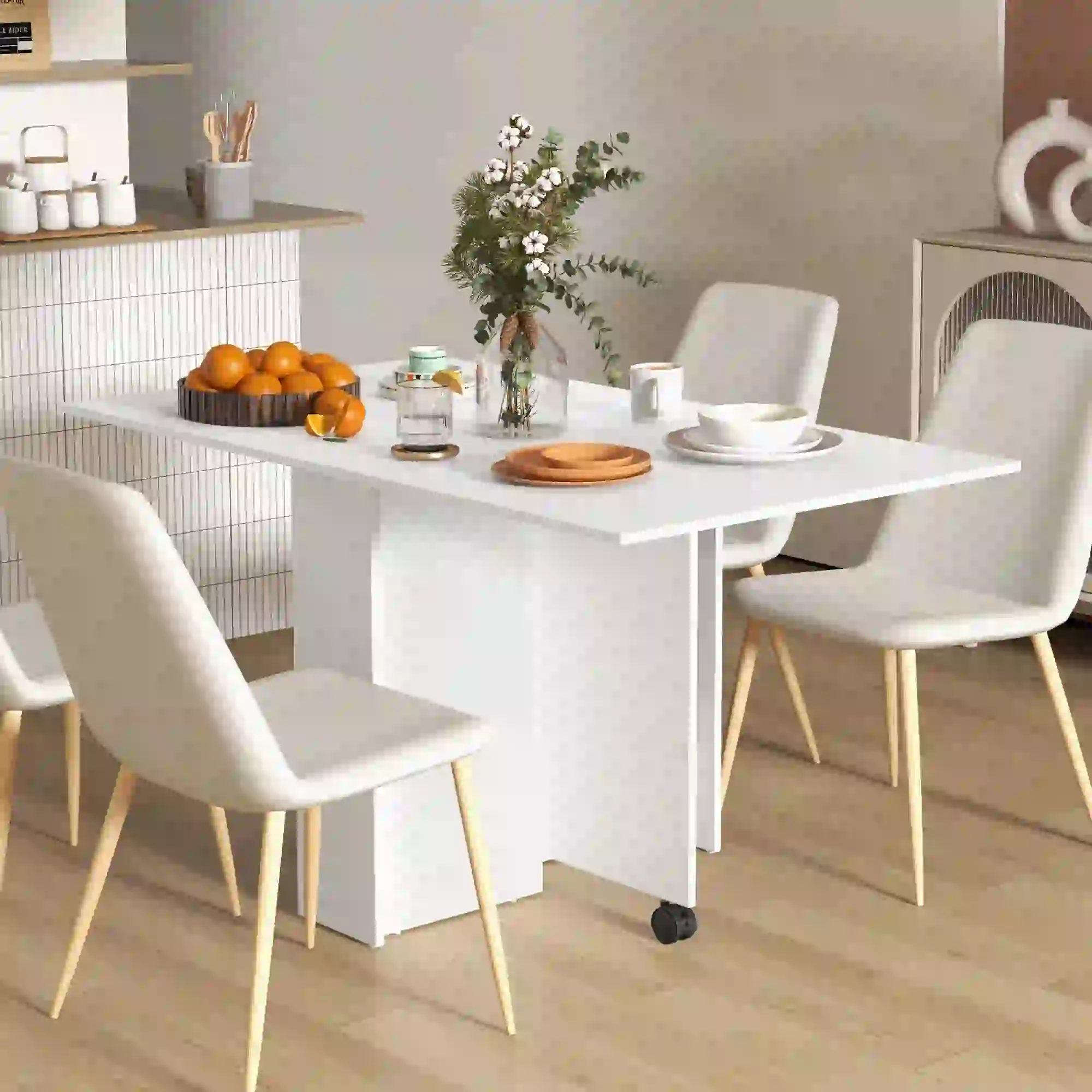 55" Folding Dining Table, Drop Leaf, Storage Shelves, White - Image 2