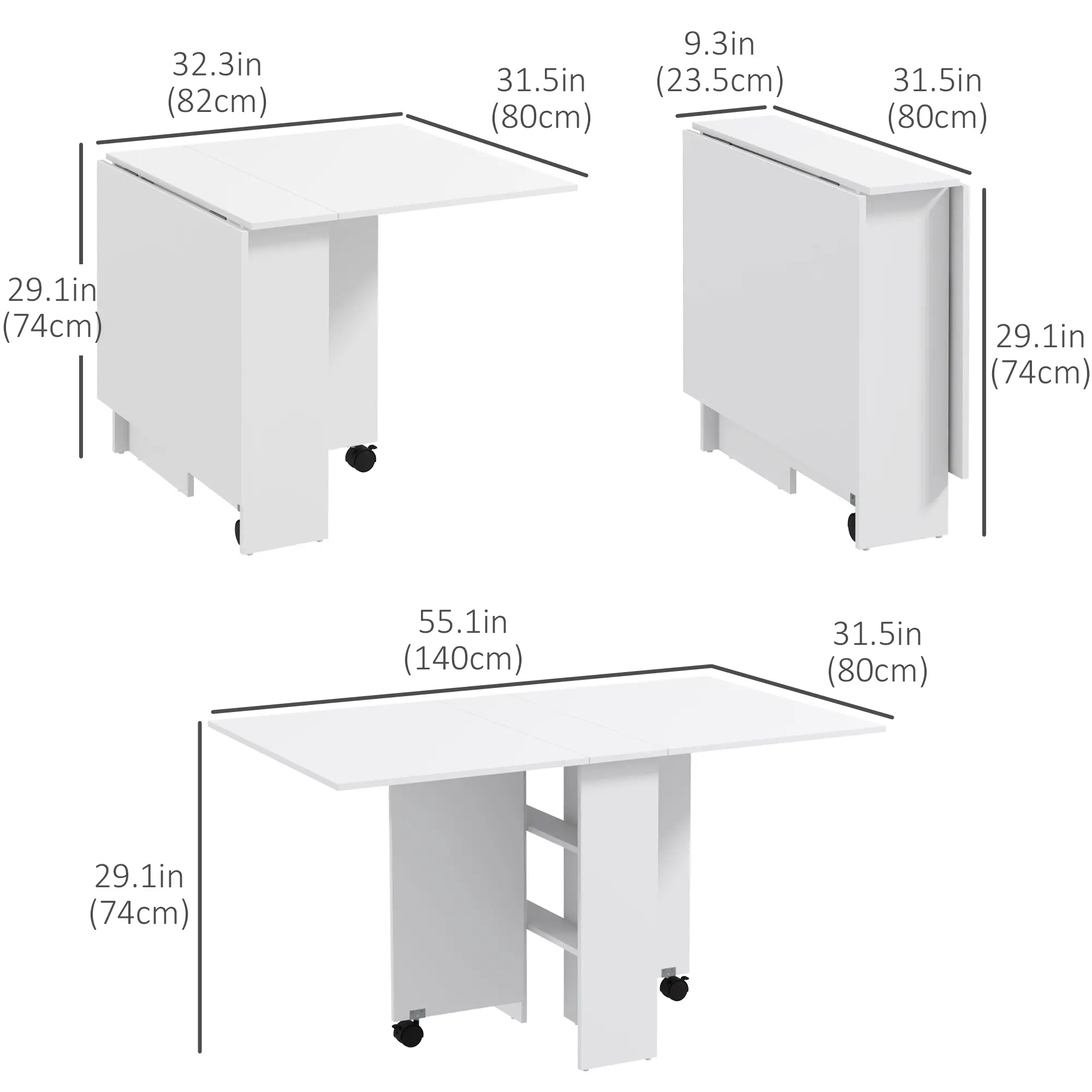 55" Folding Dining Table, Drop Leaf, Storage Shelves, White - Image 3