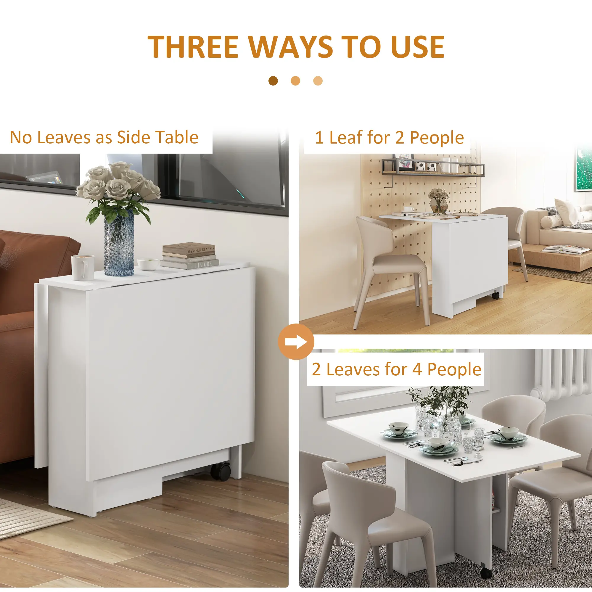 55" Folding Dining Table, Drop Leaf, Storage Shelves, White - Image 4