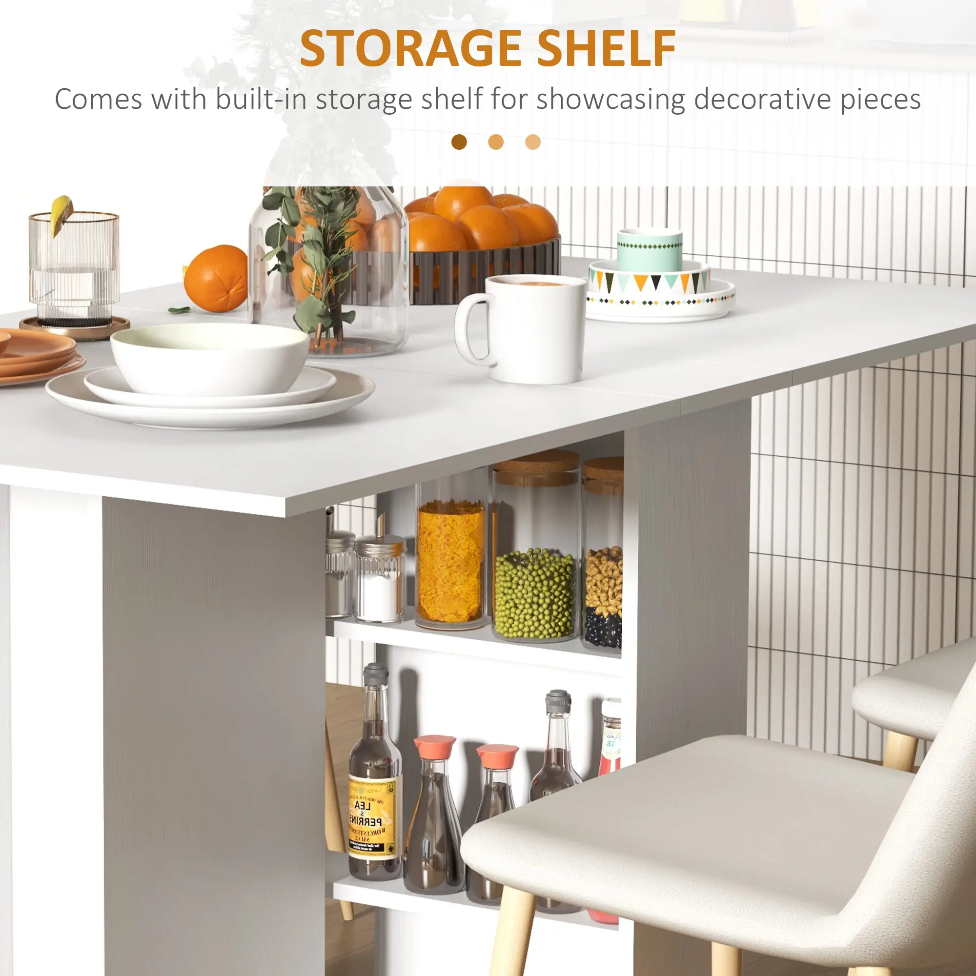 55" Folding Dining Table, Drop Leaf, Storage Shelves, White - Image 6