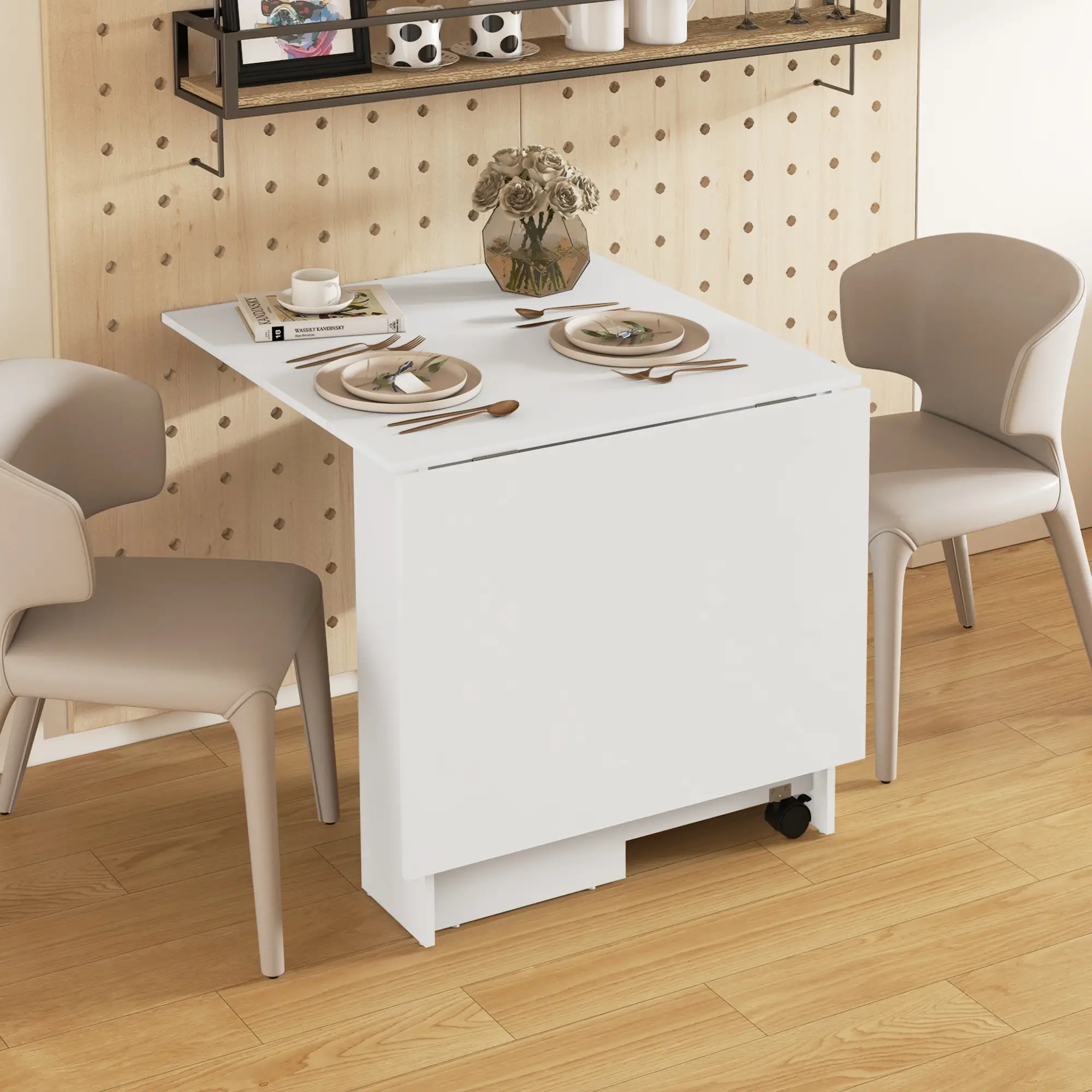 55" Folding Dining Table, Drop Leaf, Storage Shelves, White - Image 9