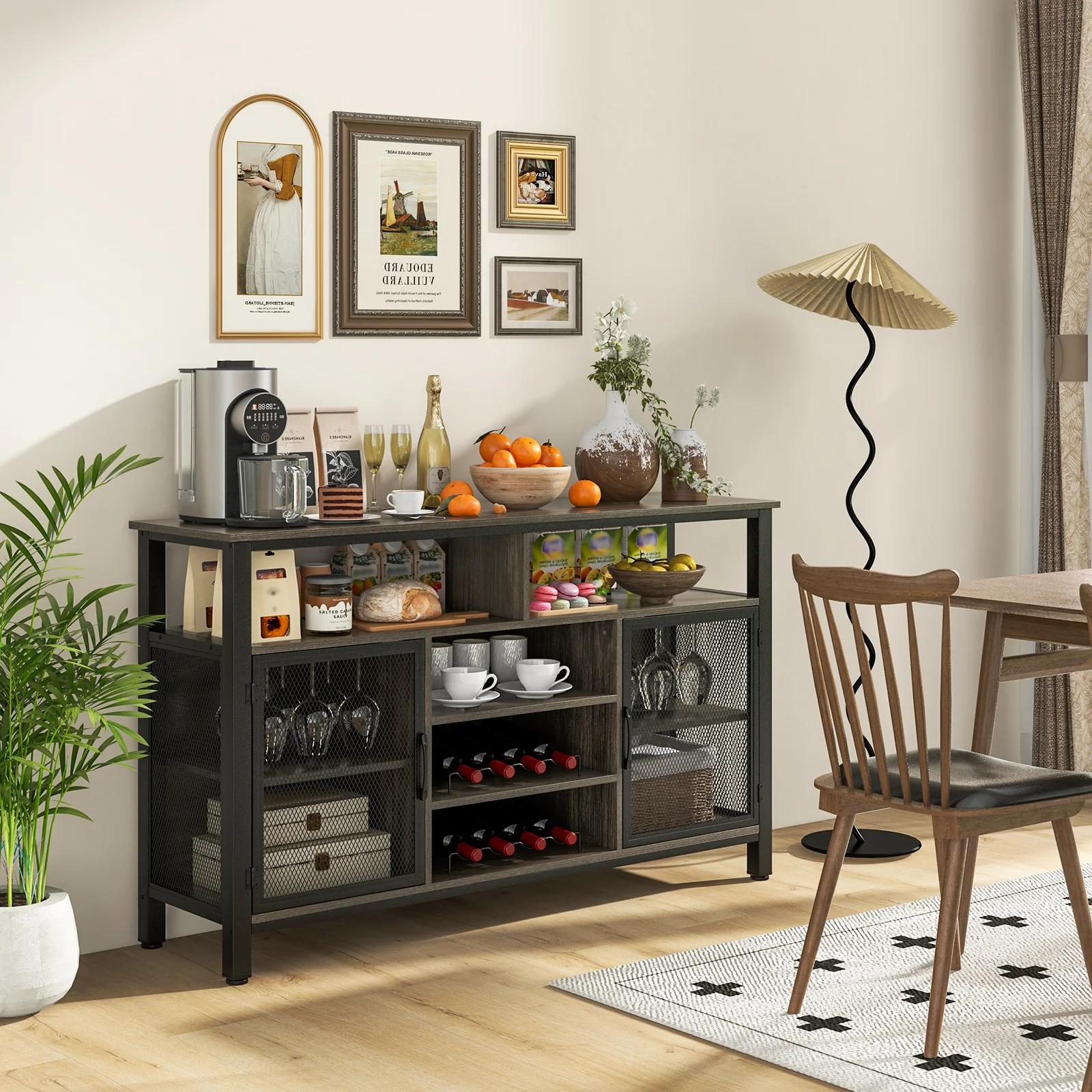 55-Inch Buffet Sideboard, 8-Bottle Wine Racks, Glass Holders, Gray - Image 2