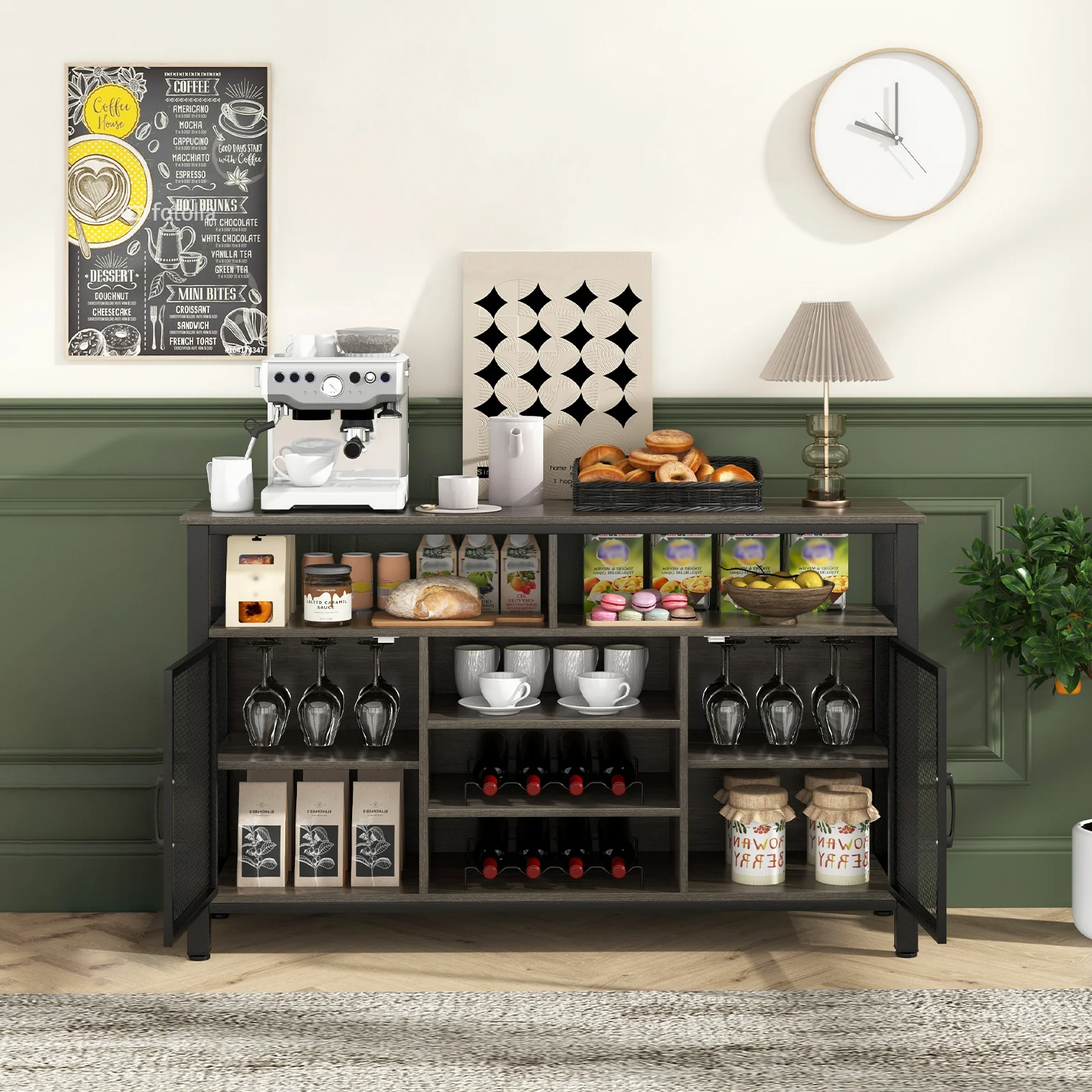 55-Inch Buffet Sideboard, 8-Bottle Wine Racks, Glass Holders, Gray - Image 3