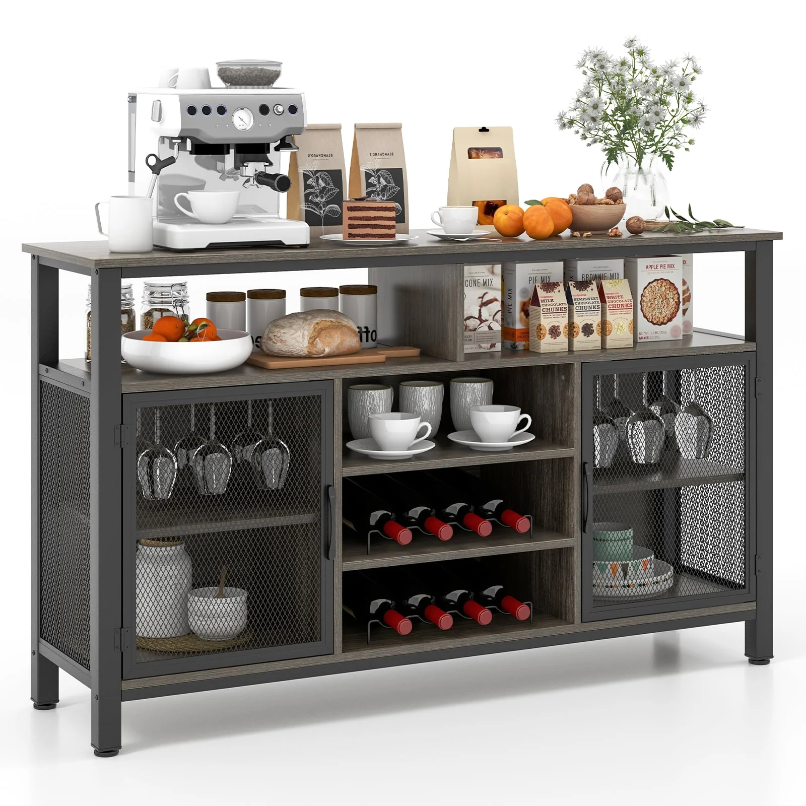55-Inch Buffet Sideboard, 8-Bottle Wine Racks, Glass Holders, Gray - Image 4