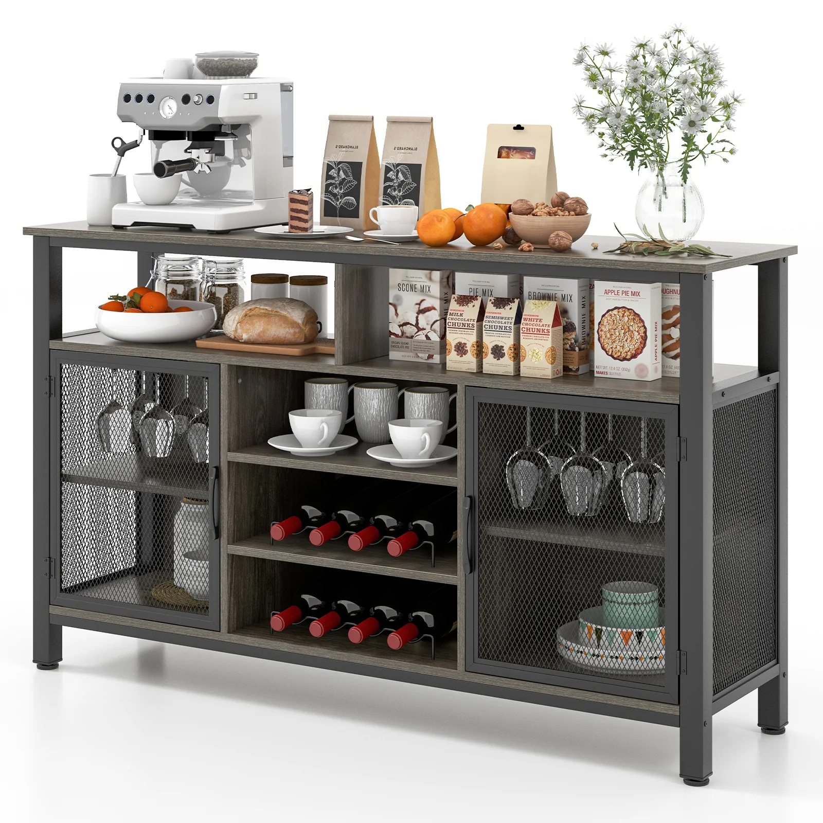 55-Inch Buffet Sideboard, 8-Bottle Wine Racks, Glass Holders, Gray - Image 5