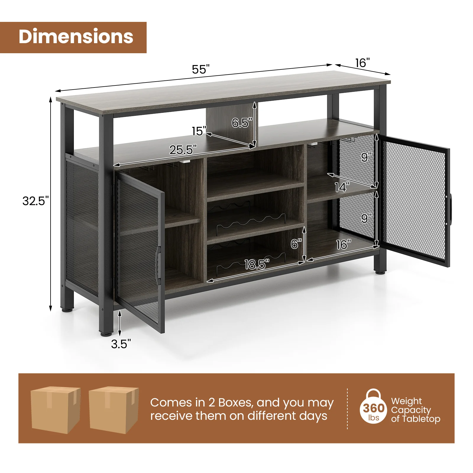 55-Inch Buffet Sideboard, 8-Bottle Wine Racks, Glass Holders, Gray - Image 6