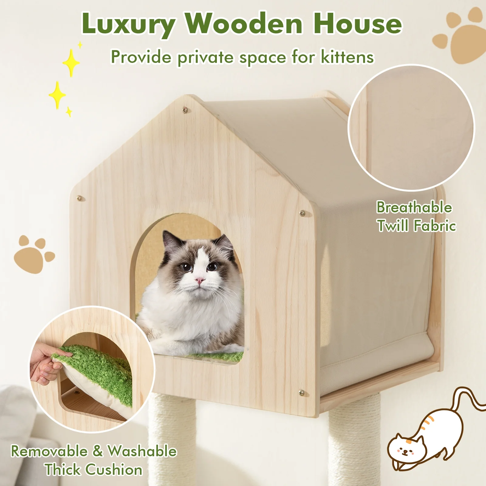 55 Inch Cat Climbing Stand, Sisal Scratching Posts, Soft Bed, Green - Image 10