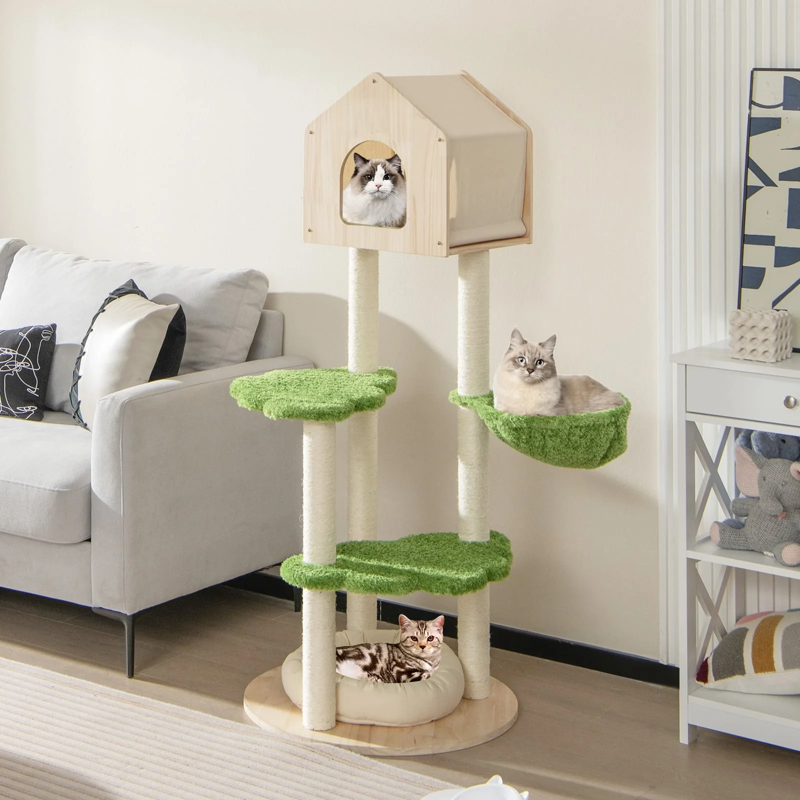 55 Inch Cat Climbing Stand, Sisal Scratching Posts, Soft Bed, Green - Image 2